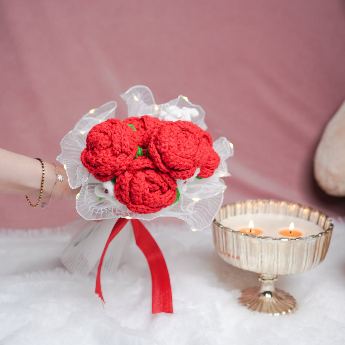 Radiant Red Rose Bloom – Handcrafted Crochet with LED Glow | ArteCasa - https://artecasa.in/