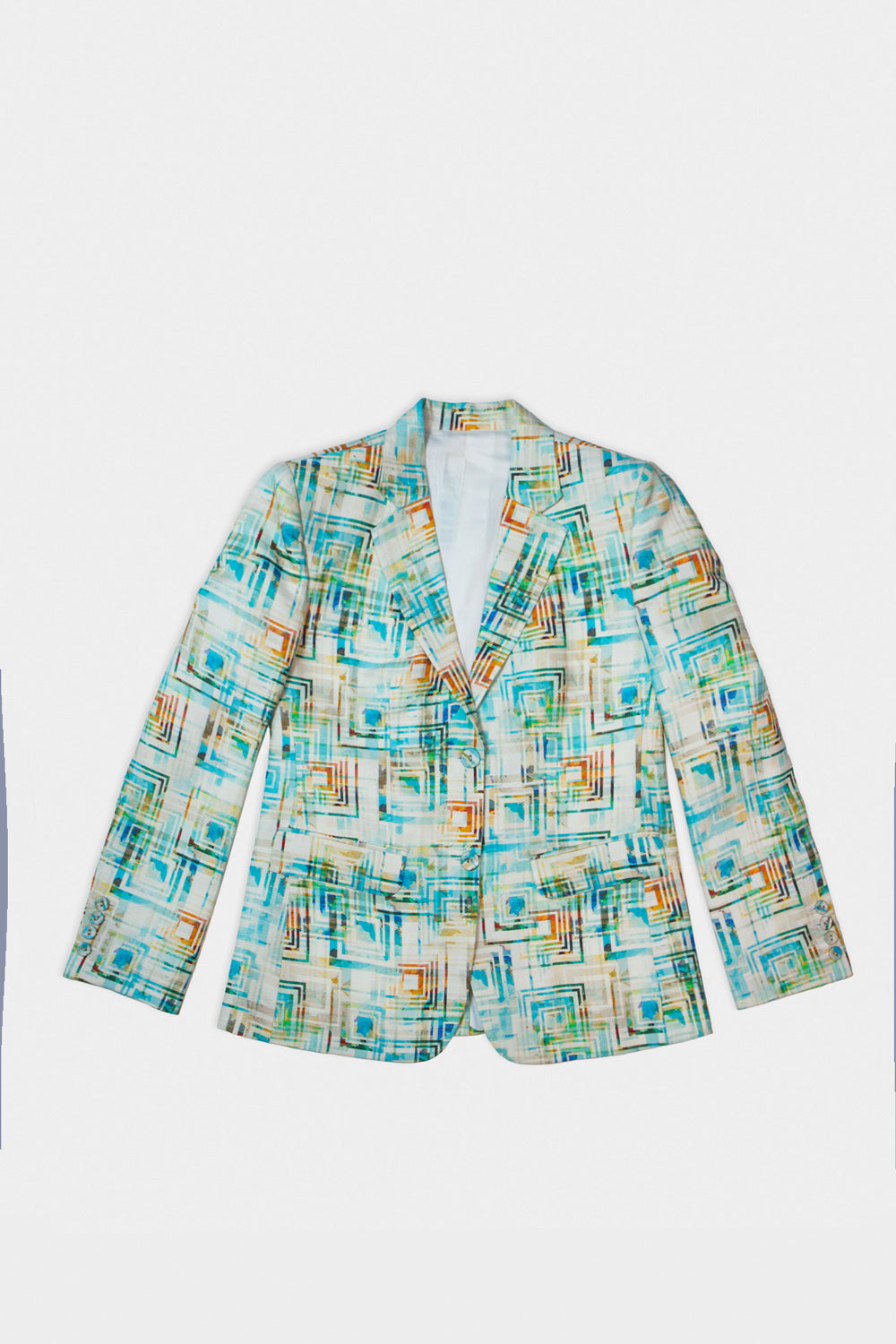 A women's long-sleeve linen blazer with a colorful abstract geometric print in shades of blue, green, orange, and beige on a white base, shown against a plain light gray background.