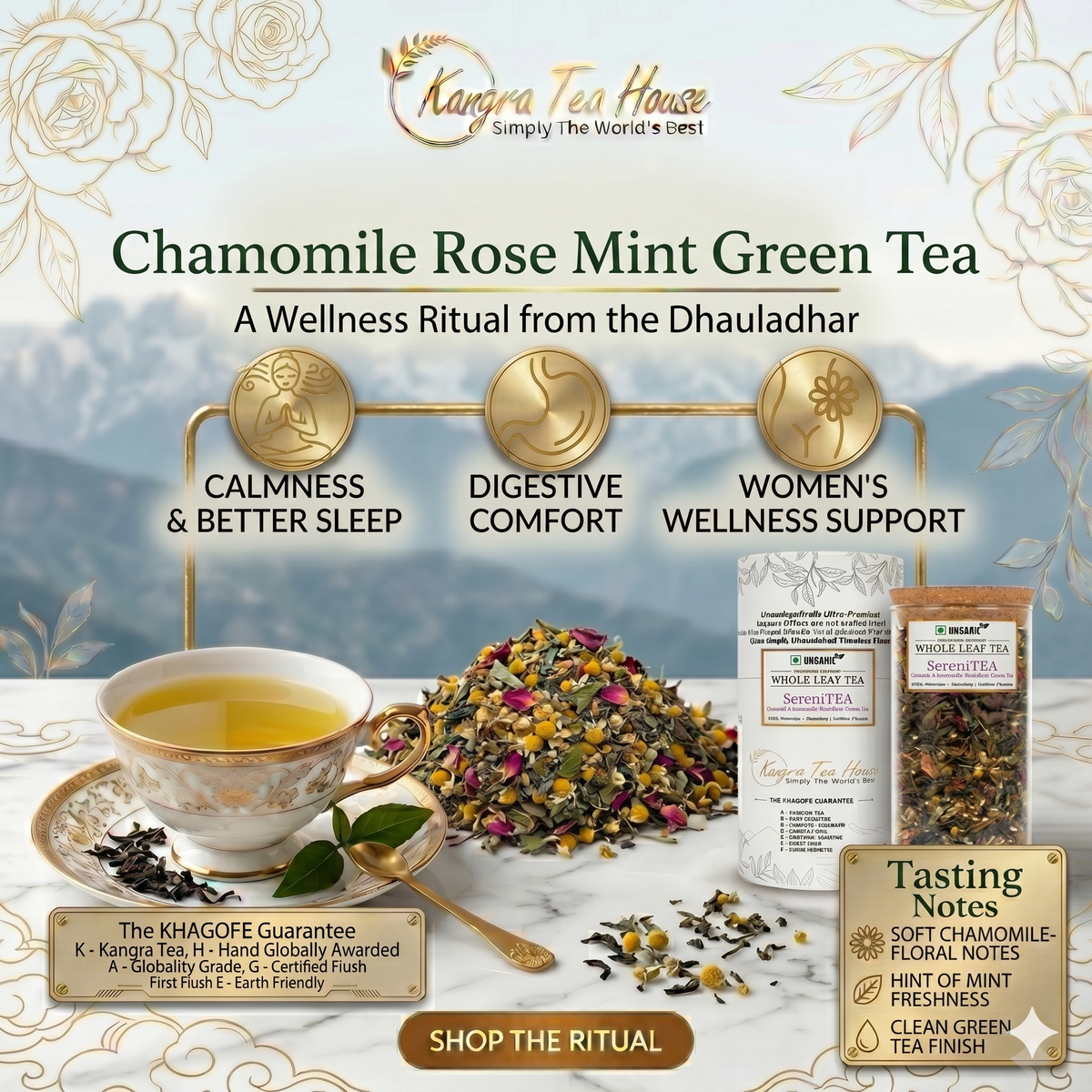 Chamomile mint rose whole leaf green tea – sleep tea – Kangra Tea House