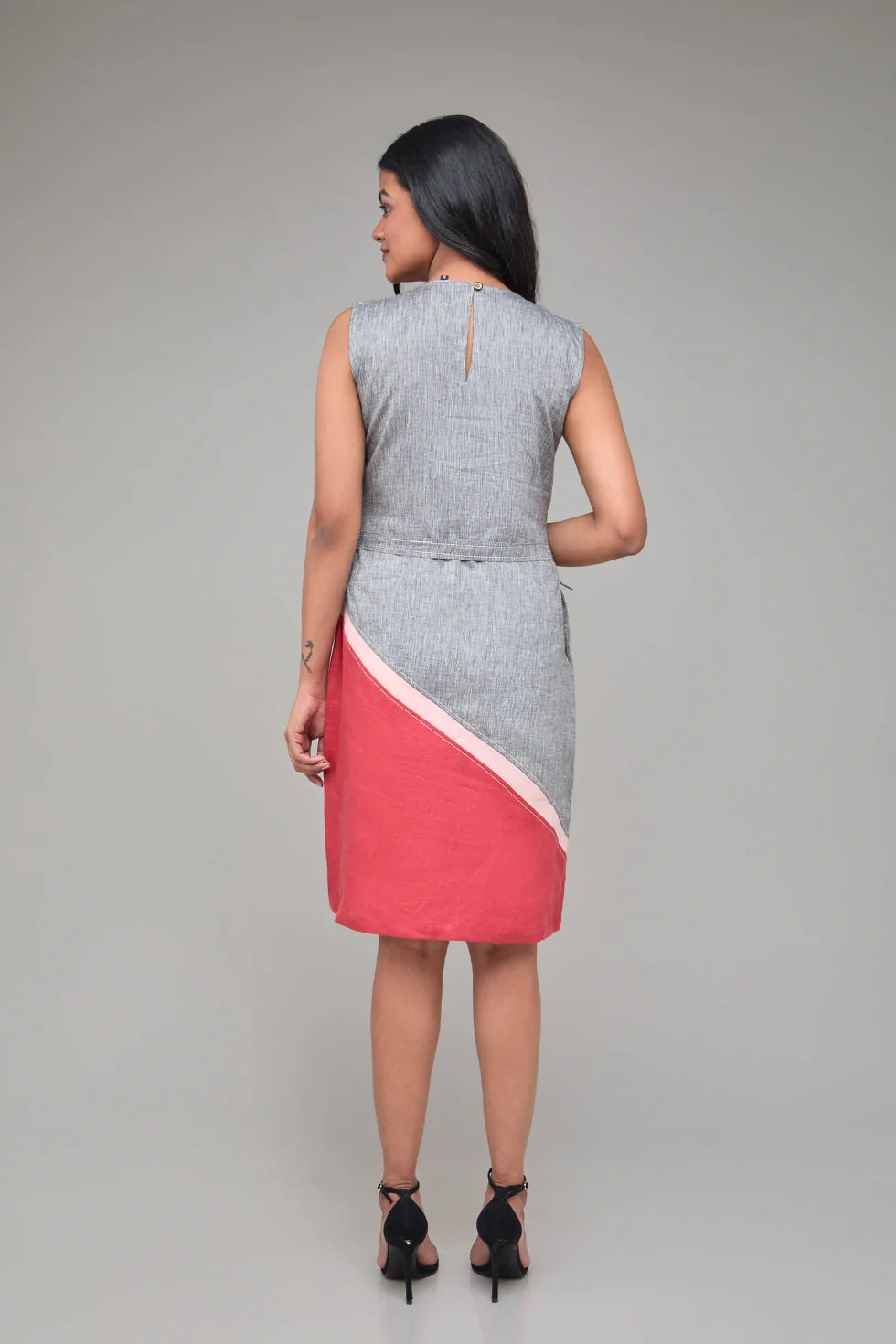 Contrast Half Sleeves Hemp Shift Dress
