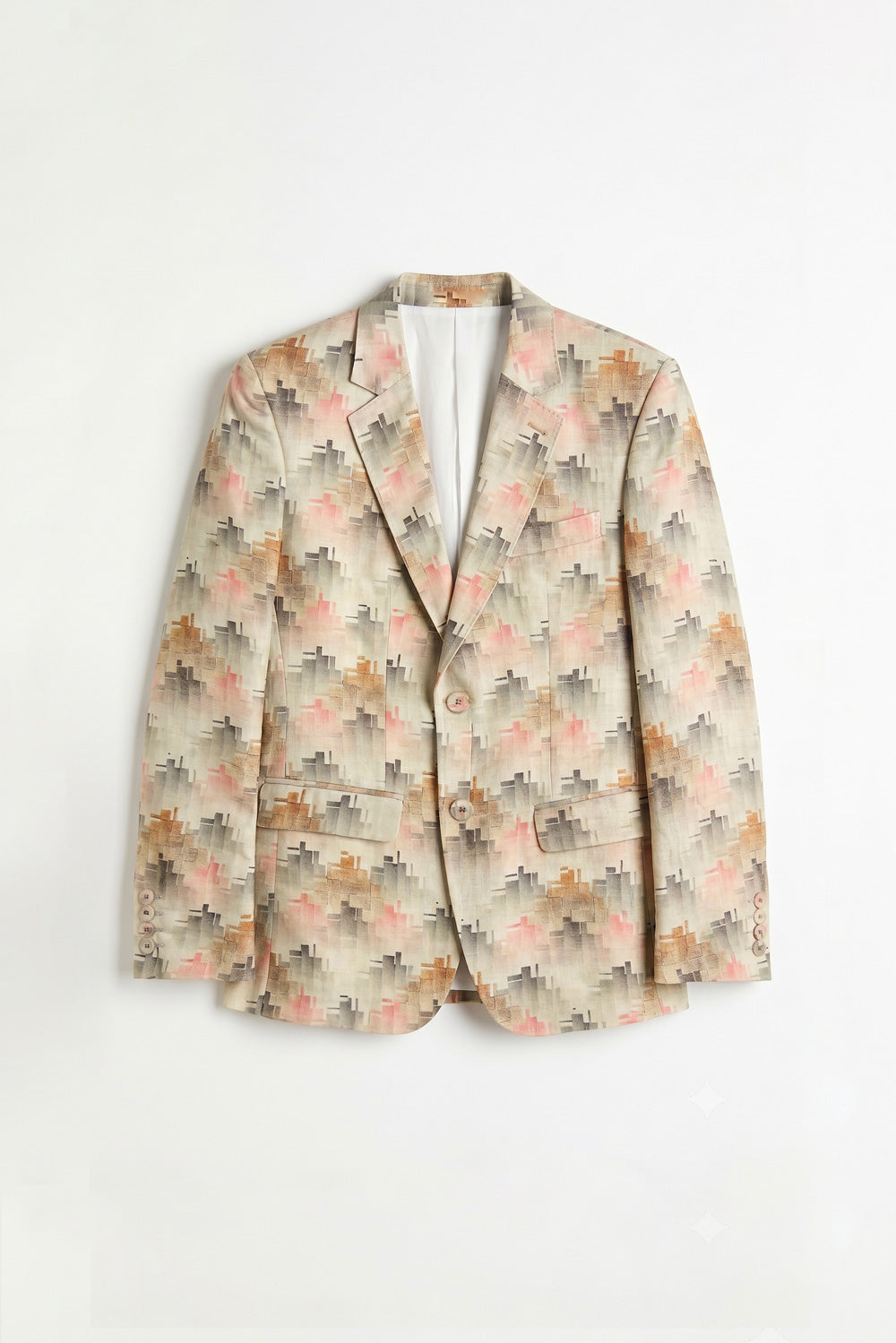 A men's single-breasted linen blazer with a beige base and an all-over abstract floral pattern in pink, orange, and gray, displayed flat against a white background.