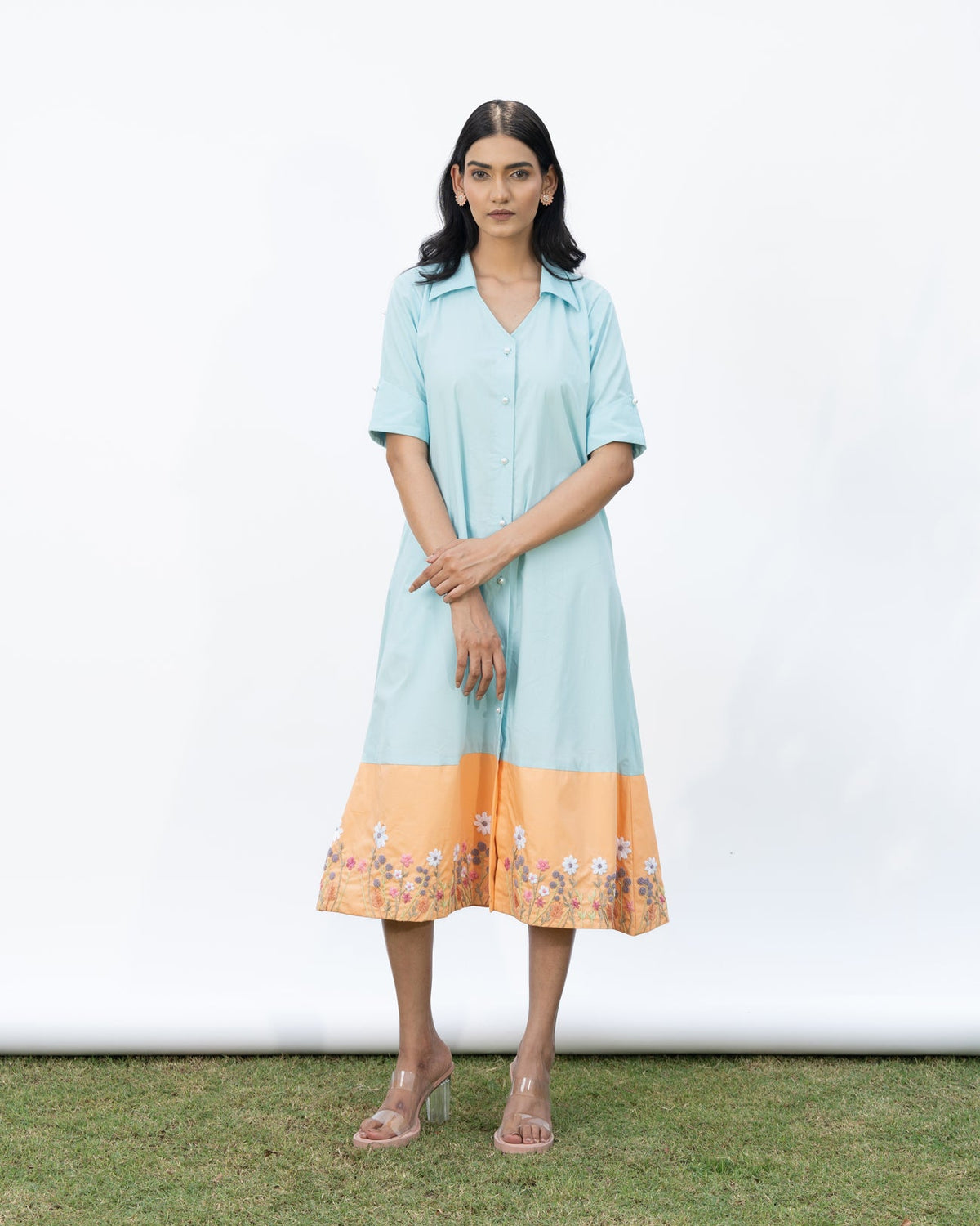 Vrinda Hand-Embroidered Midi Dress – hand-embroidered 100% cotton – RASRA MAI
