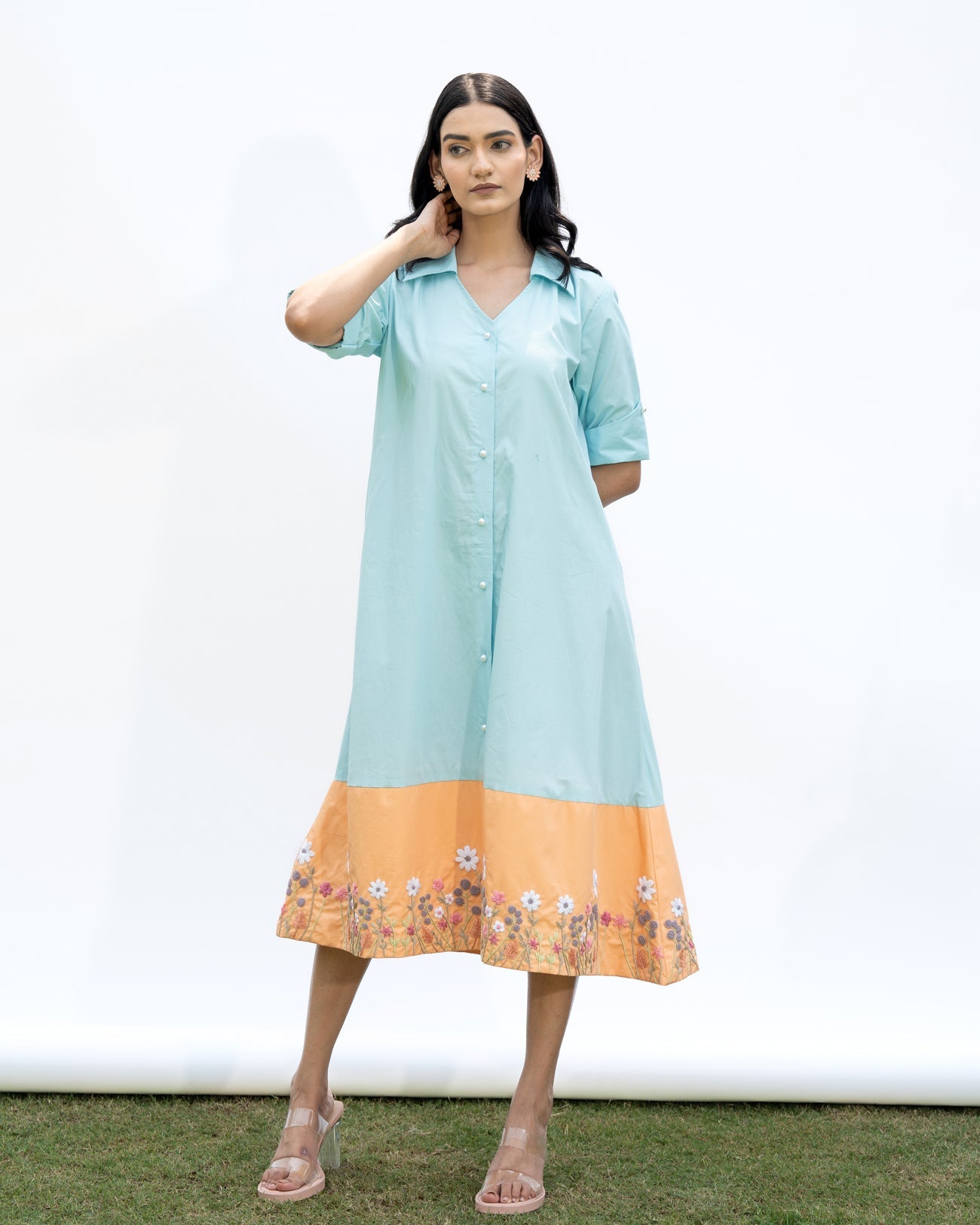 Vrinda Hand-Embroidered Midi Dress – hand-embroidered 100% cotton – RASRA MAI