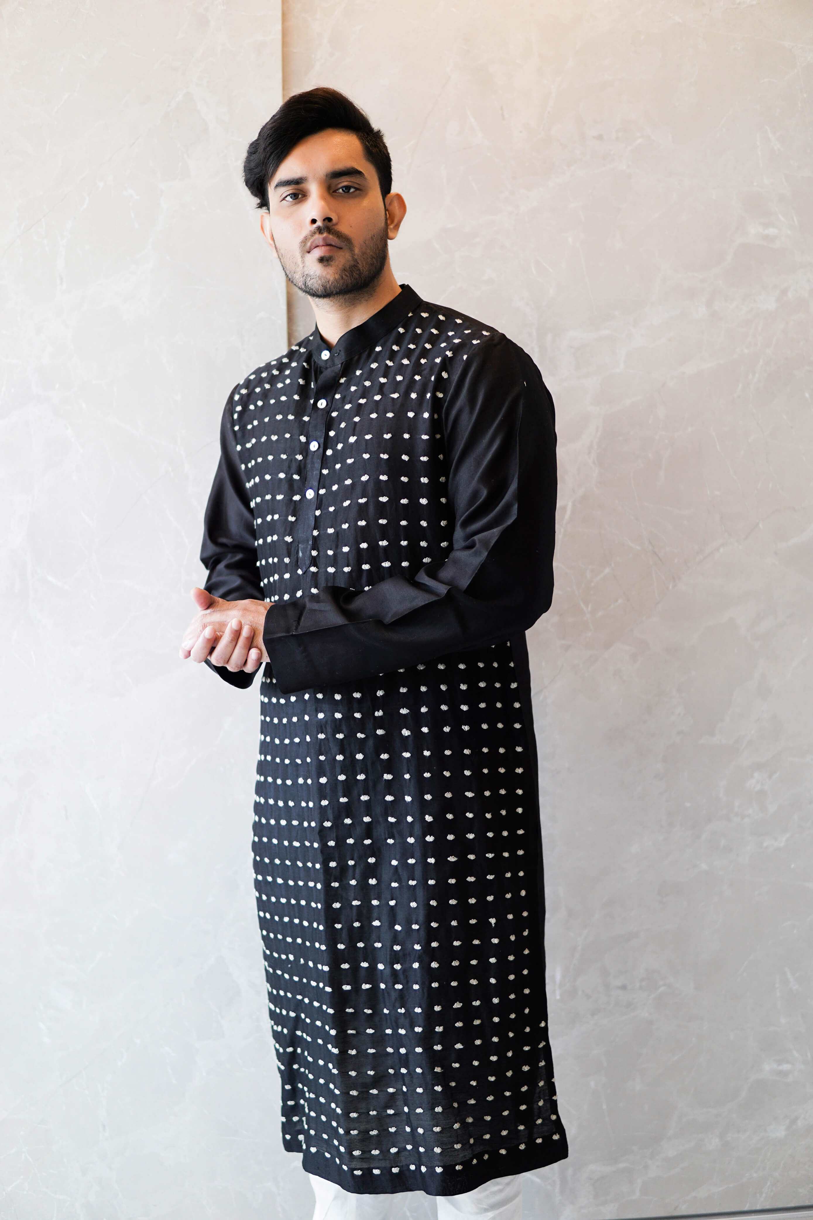 Anantha-Men's Chanderi Hand Embroidered Straight Kurta-bihart