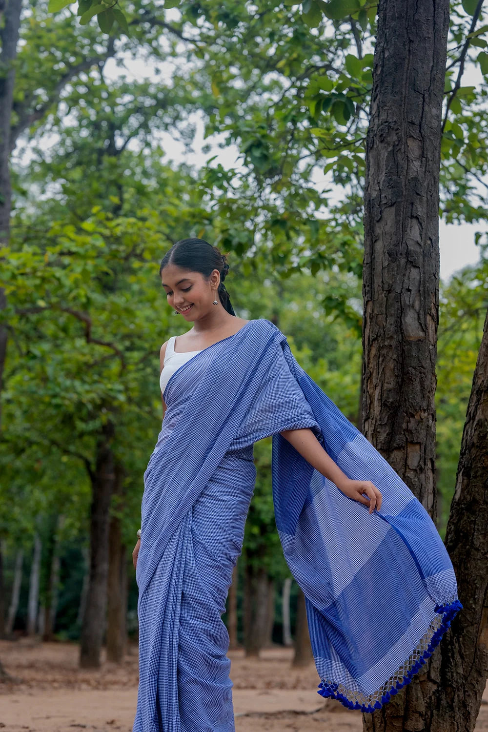 Handloom Blue Check Mul Cotton Saree-Sutra Art of Clothing