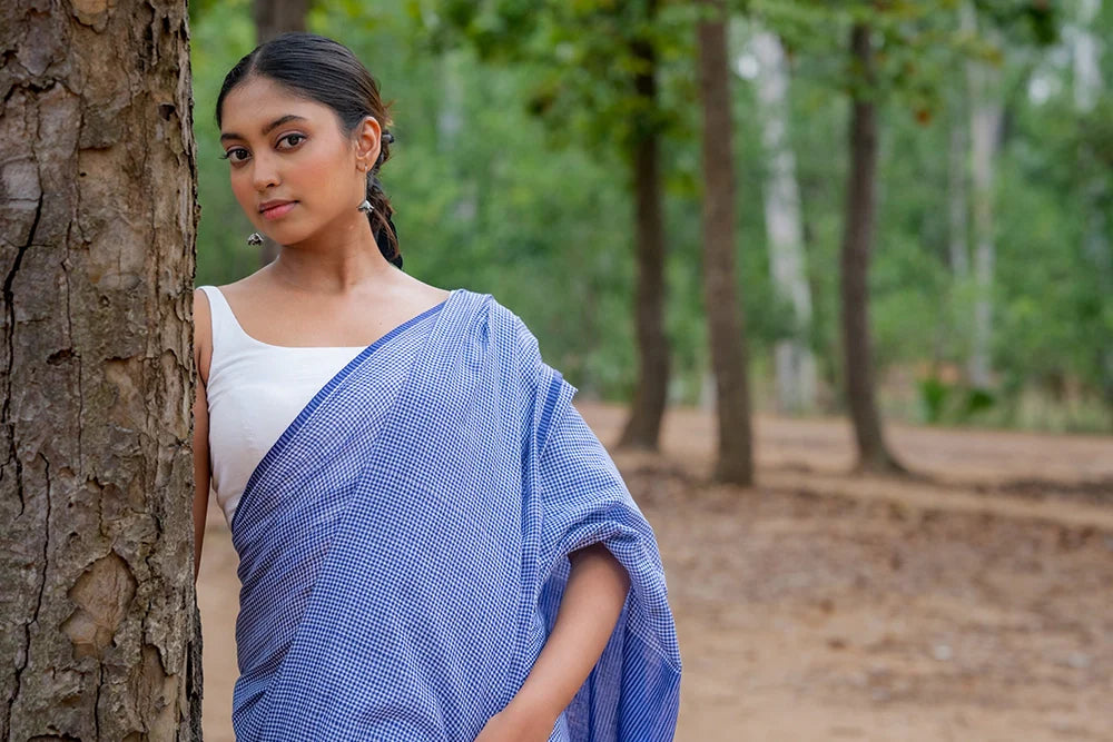 Handloom Blue Check Mul Cotton Saree-Sutra Art of Clothing