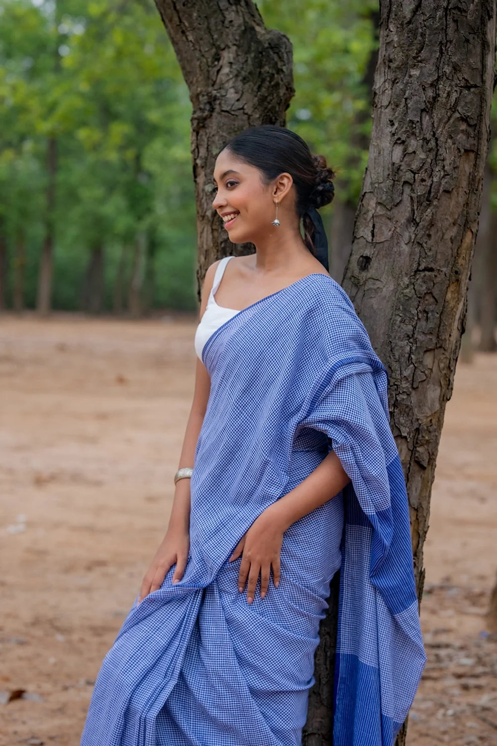 Handloom Blue Check Mul Cotton Saree-Sutra Art of Clothing