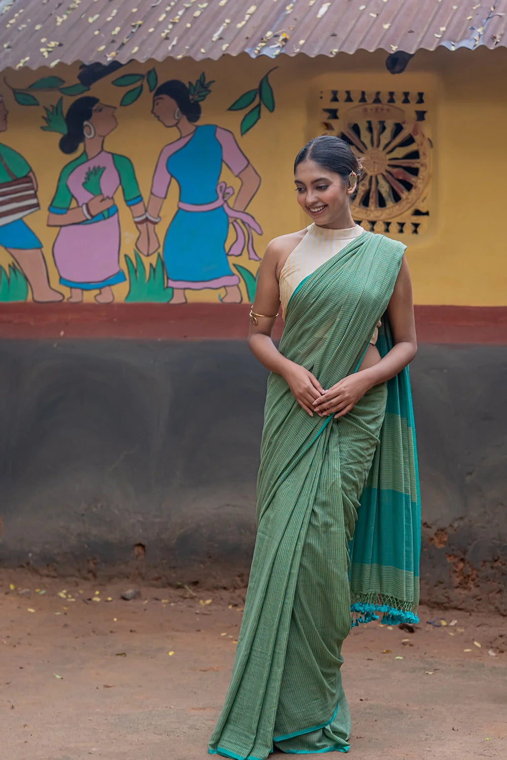 Handloom Sea Green Check Mul Cotton Saree-Sutra Art of Clothing