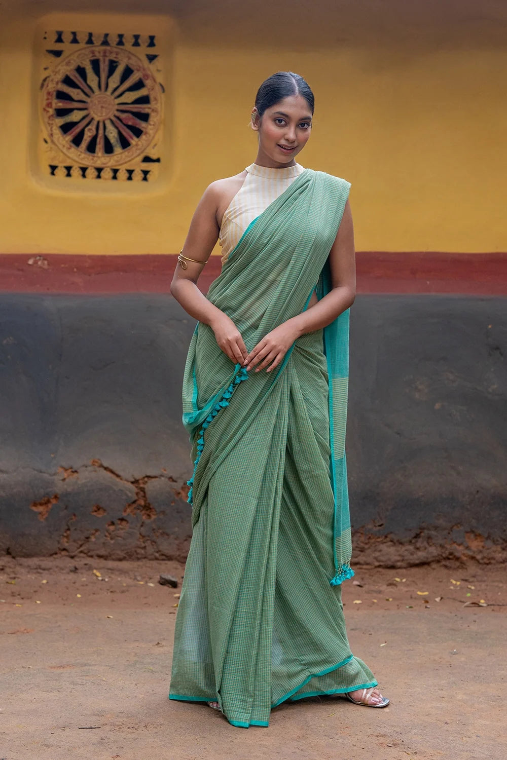 Handloom Sea Green Check Mul Cotton Saree-Sutra Art of Clothing