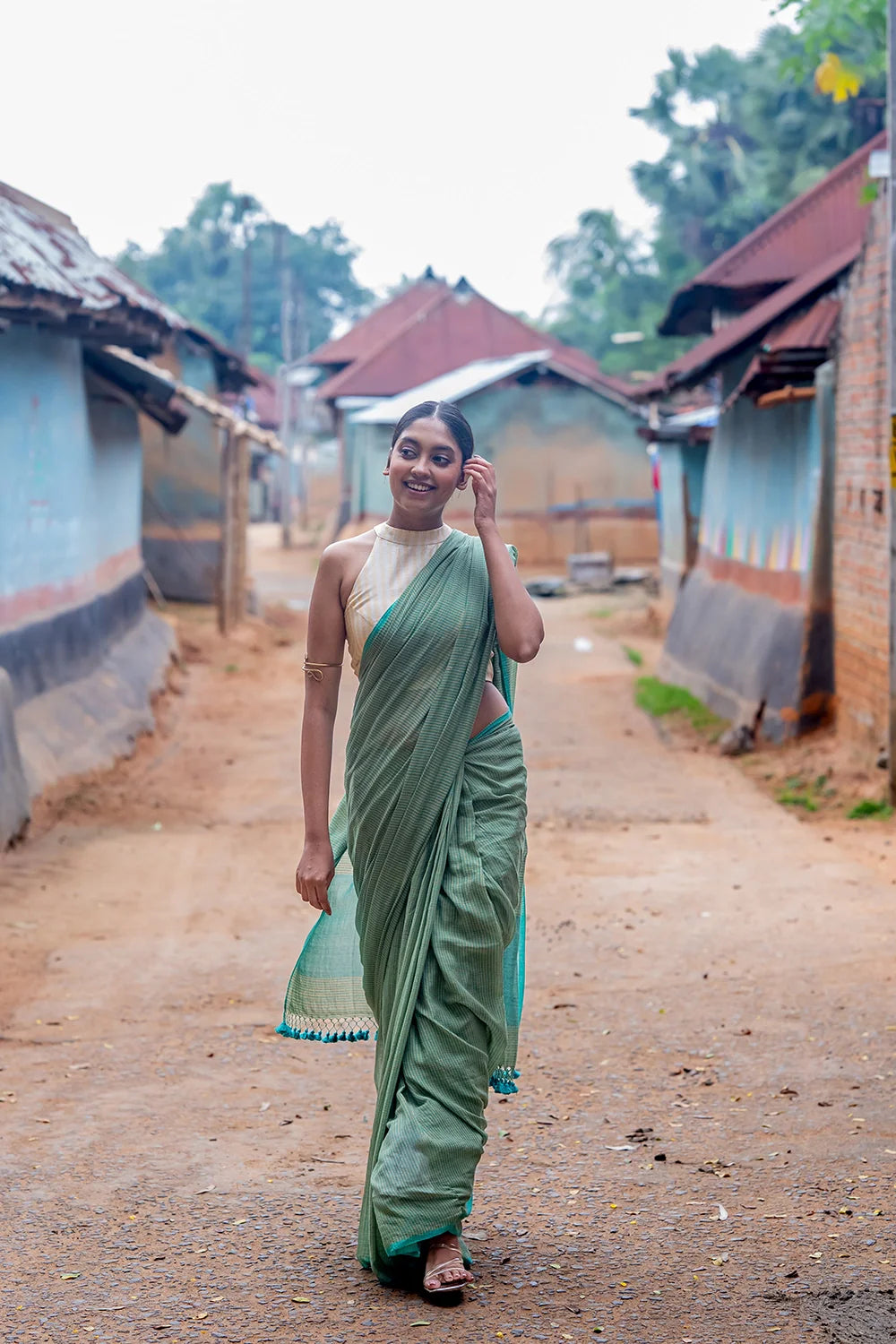 Handloom Sea Green Check Mul Cotton Saree-Sutra Art of Clothing