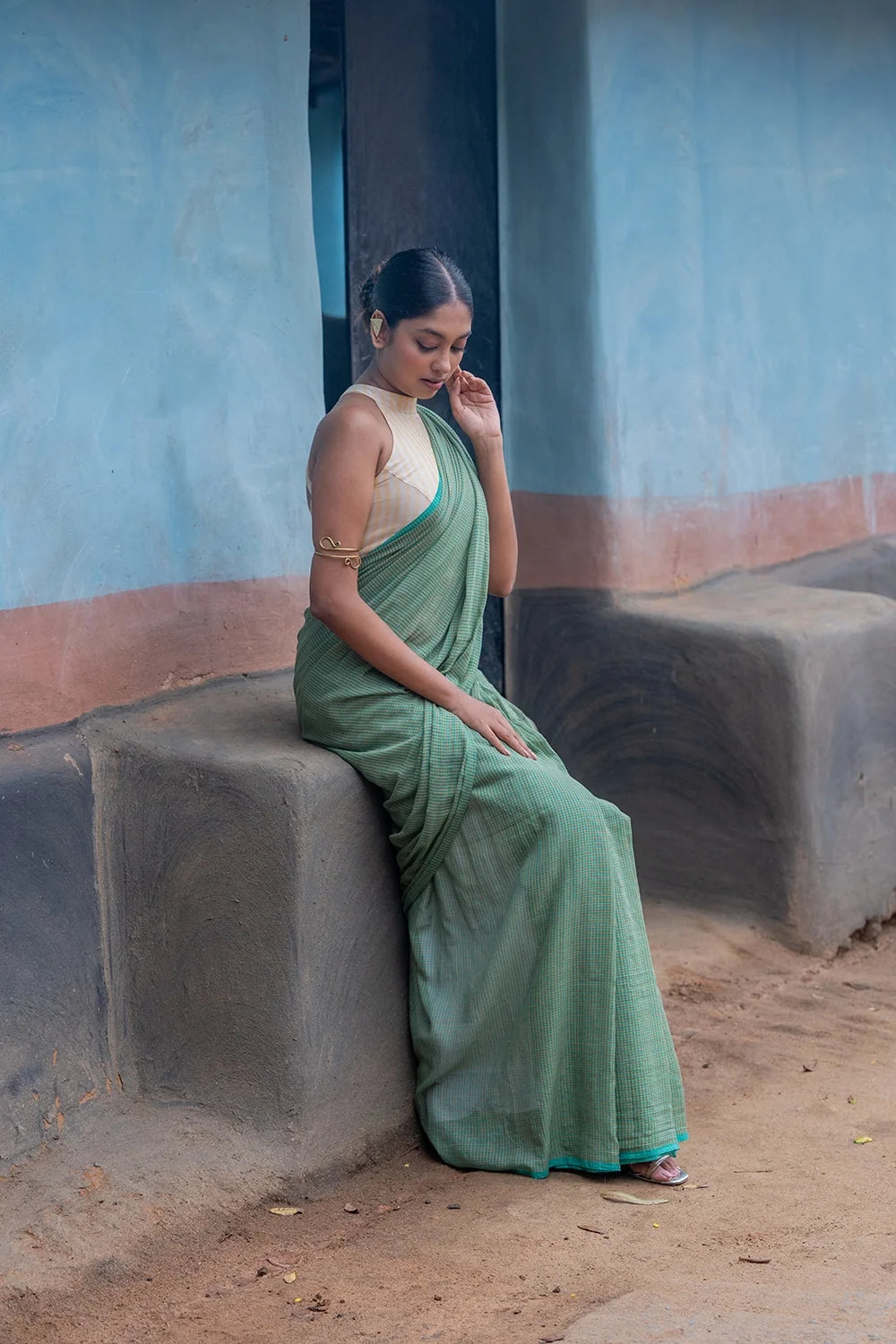 Handloom Sea Green Check Mul Cotton Saree-Sutra Art of Clothing