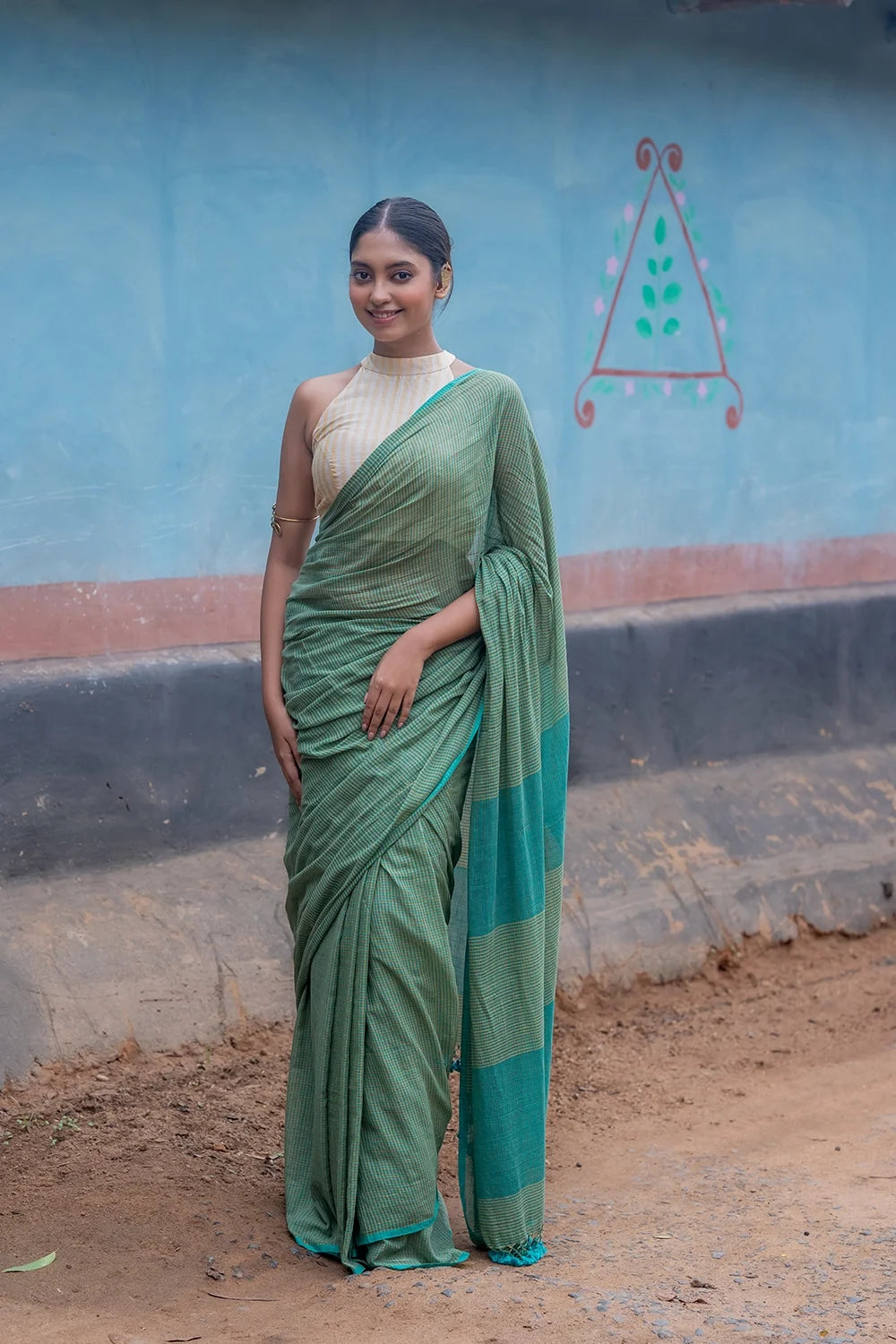 Handloom Sea Green Check Mul Cotton Saree-Sutra Art of Clothing