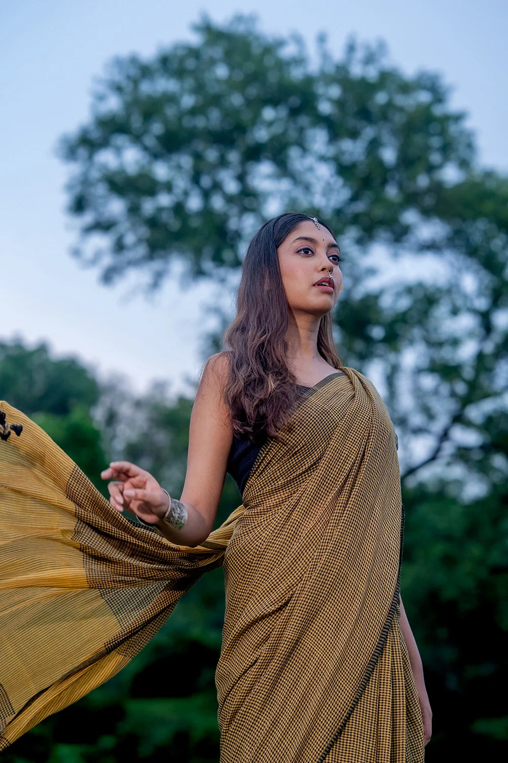 Handloom Olive Green Check Mul Cotton Saree-Sutra Art of Clothing