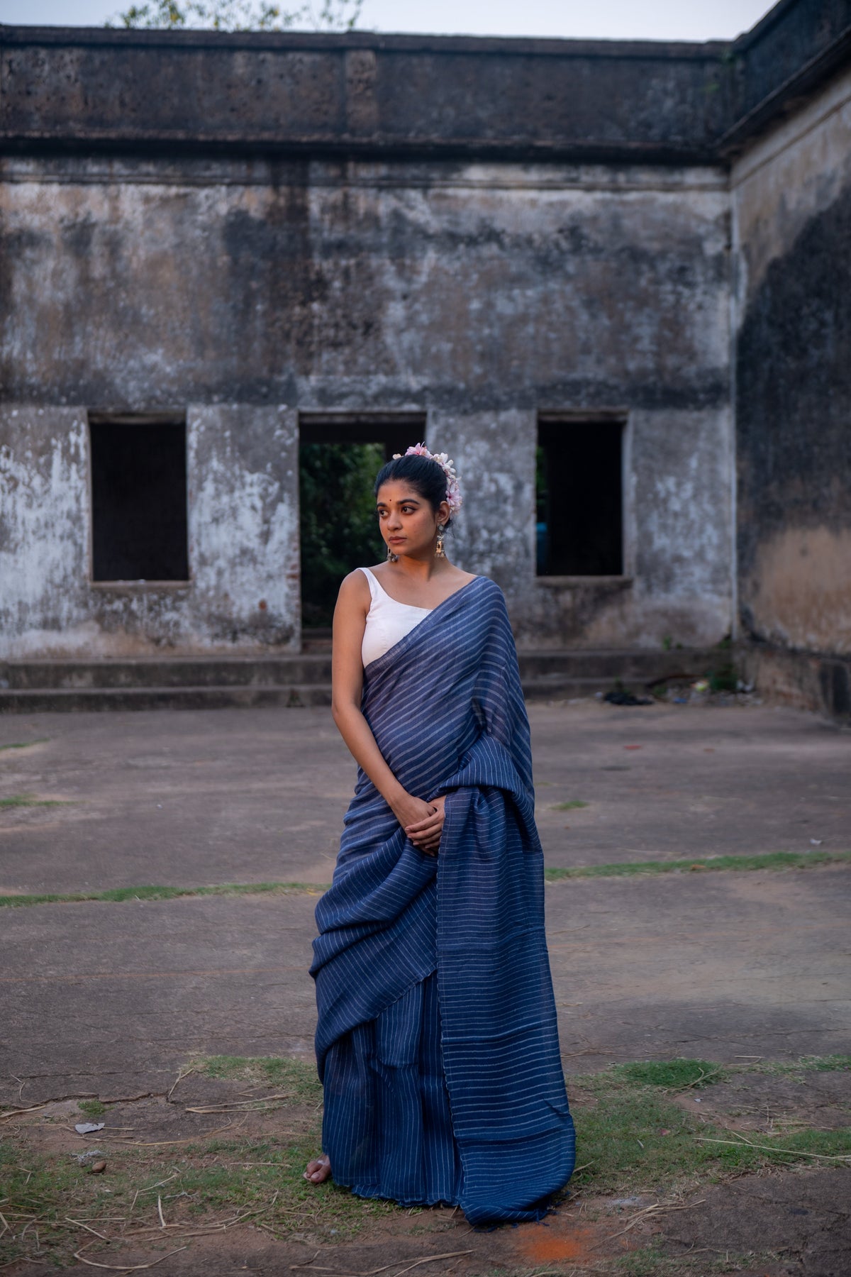 Handloom Blue Pure Linen Saree with White Stripes-Sutra Art of Clothing