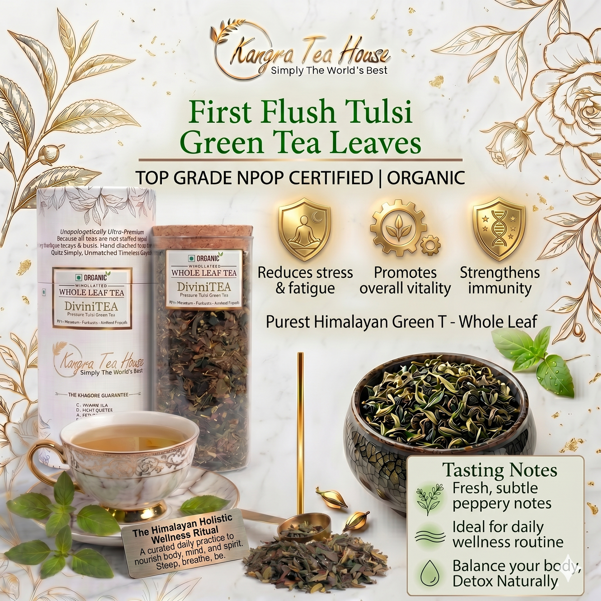 DiviniTEA organic tulsi whole leaf green tea pack – calming stress relief – Kangra Tea House