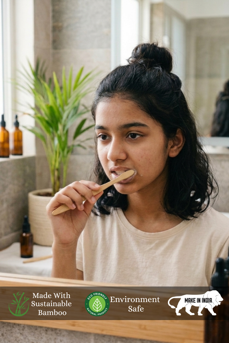 Woman brushing her teeth with a bamboo toothbrush in a bathroom setting using Eco-Friendly Bamboo Toothbrush by almitra sustainables