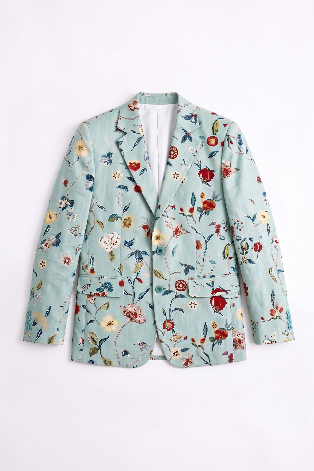 A light blue-green floral linen blazer with red, yellow, and blue embroidered flowers, shown flat against a white background.