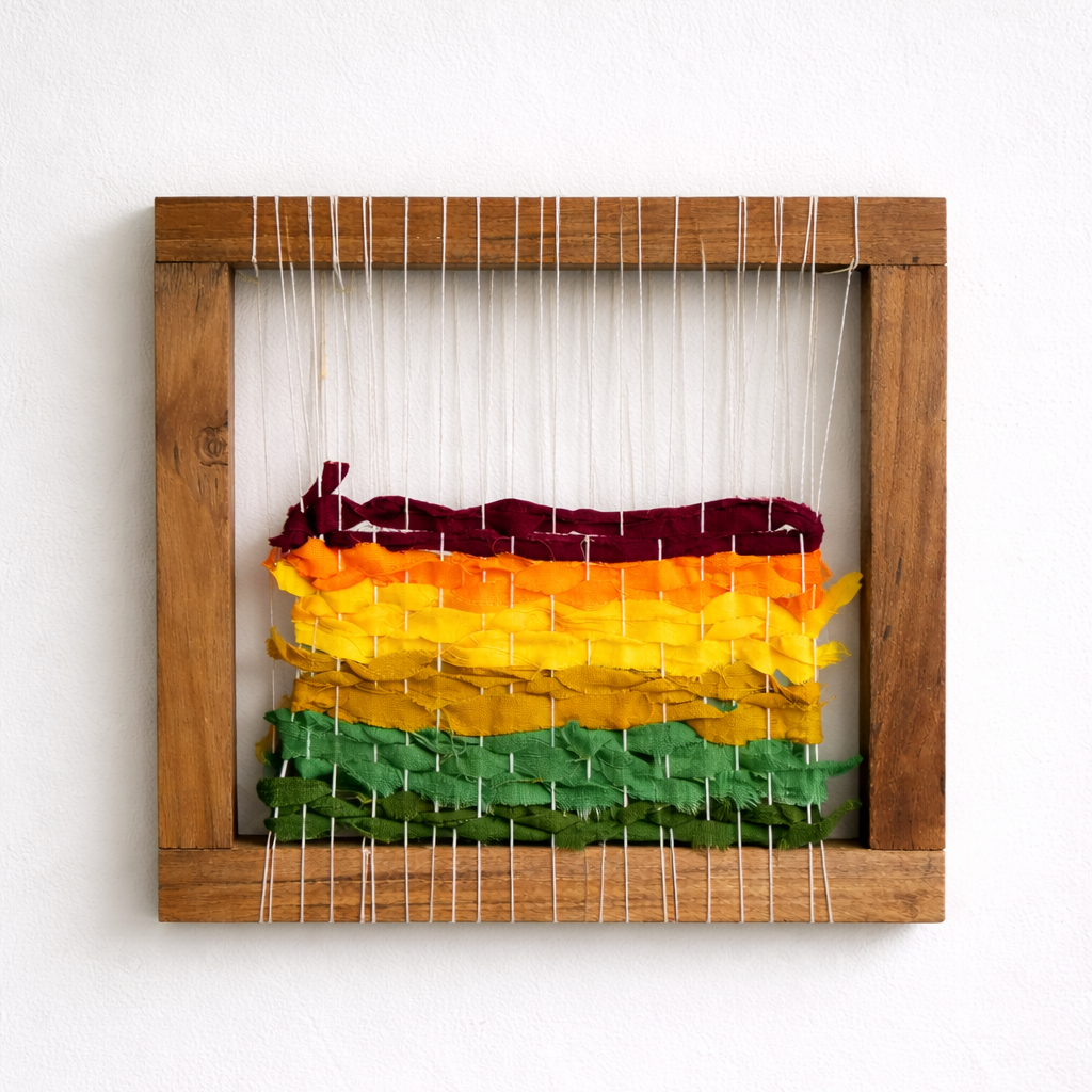 Colorful woven wall art with red, yellow, and green on a wooden frame against a white background