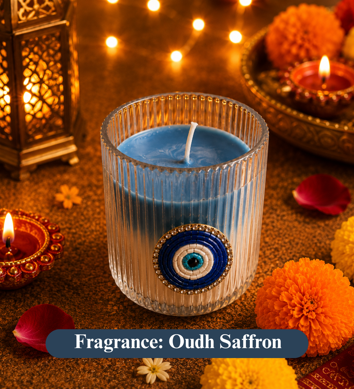 Nazar Glow Evil Eye Decorative Candle | Oudh Saffron Soy Wax Candle - https://artecasa.in/