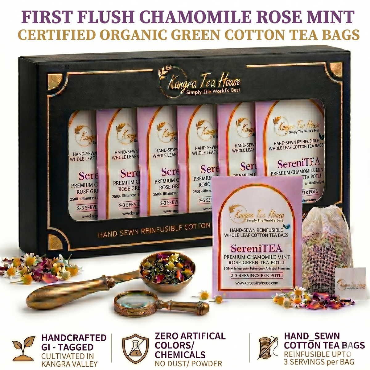 Chamomile mint rose whole leaf green tea – sleep cotton tea bags– Kangra Tea House