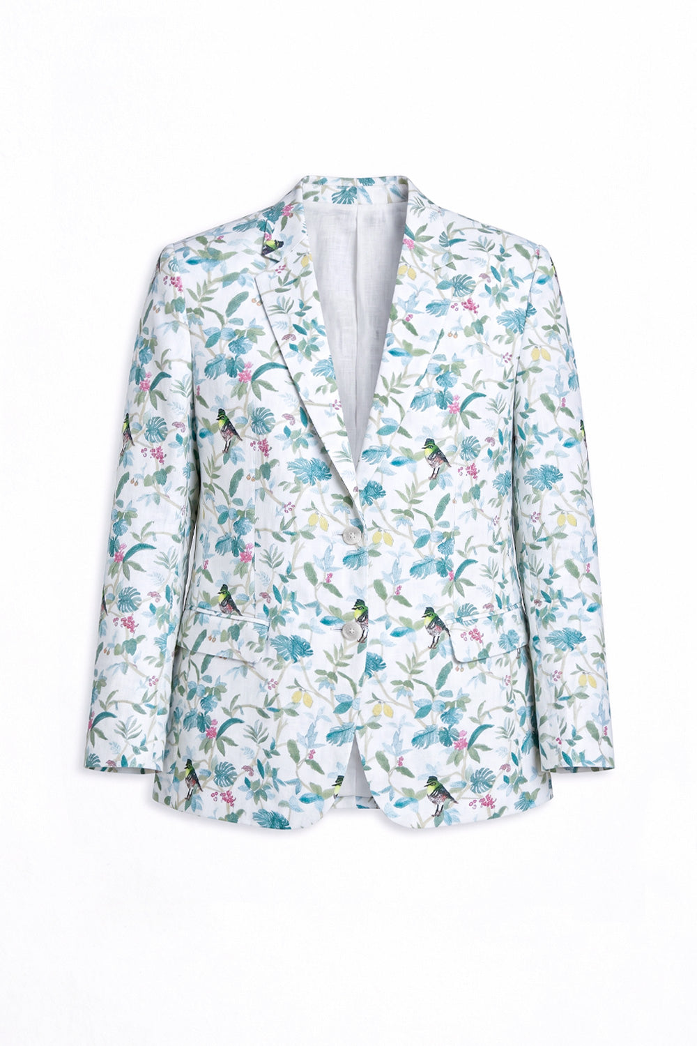 A white linen blazer jacket featuring a vibrant tropical floral and bird pattern in shades of blue, green, and pink, displayed on a clean white background.