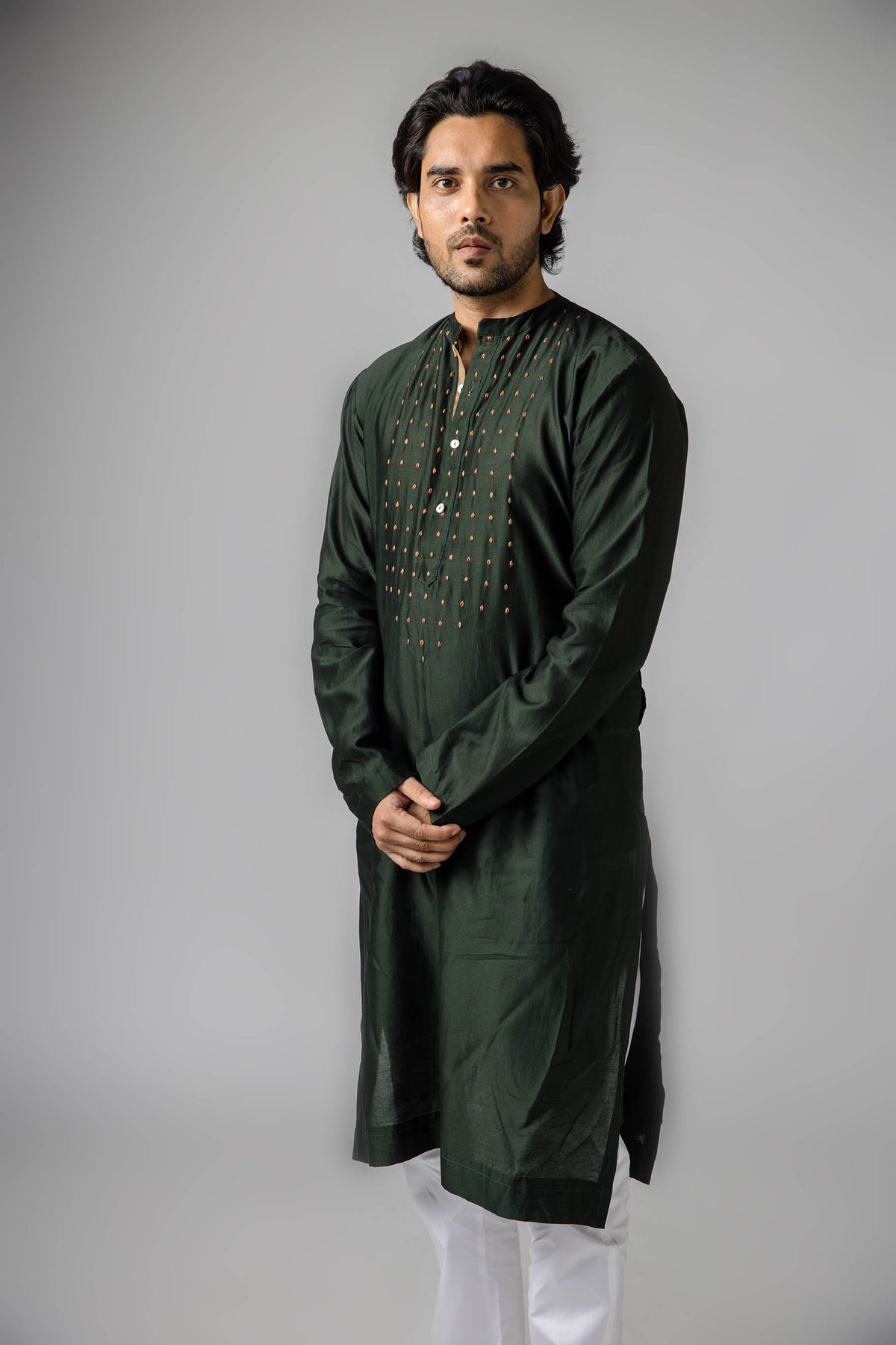Anantha-Men's Chanderi Dark Green Kurta-bihart