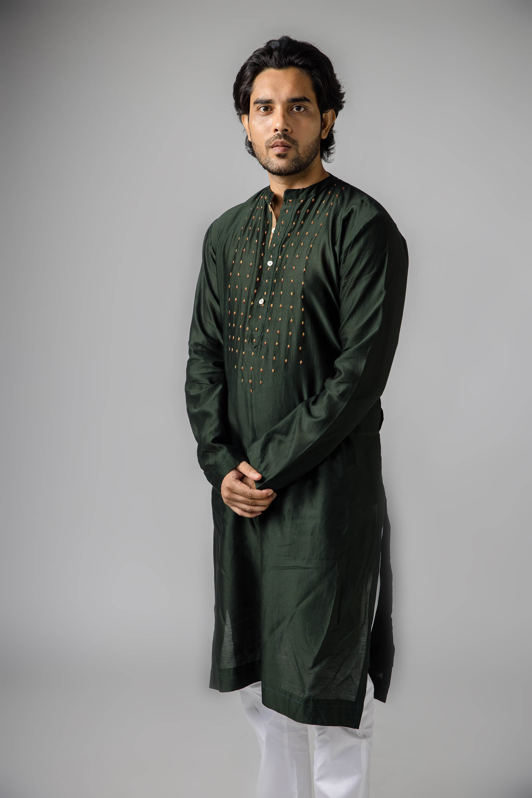 Anantha-Men's Chanderi Dark Green Kurta-bihart