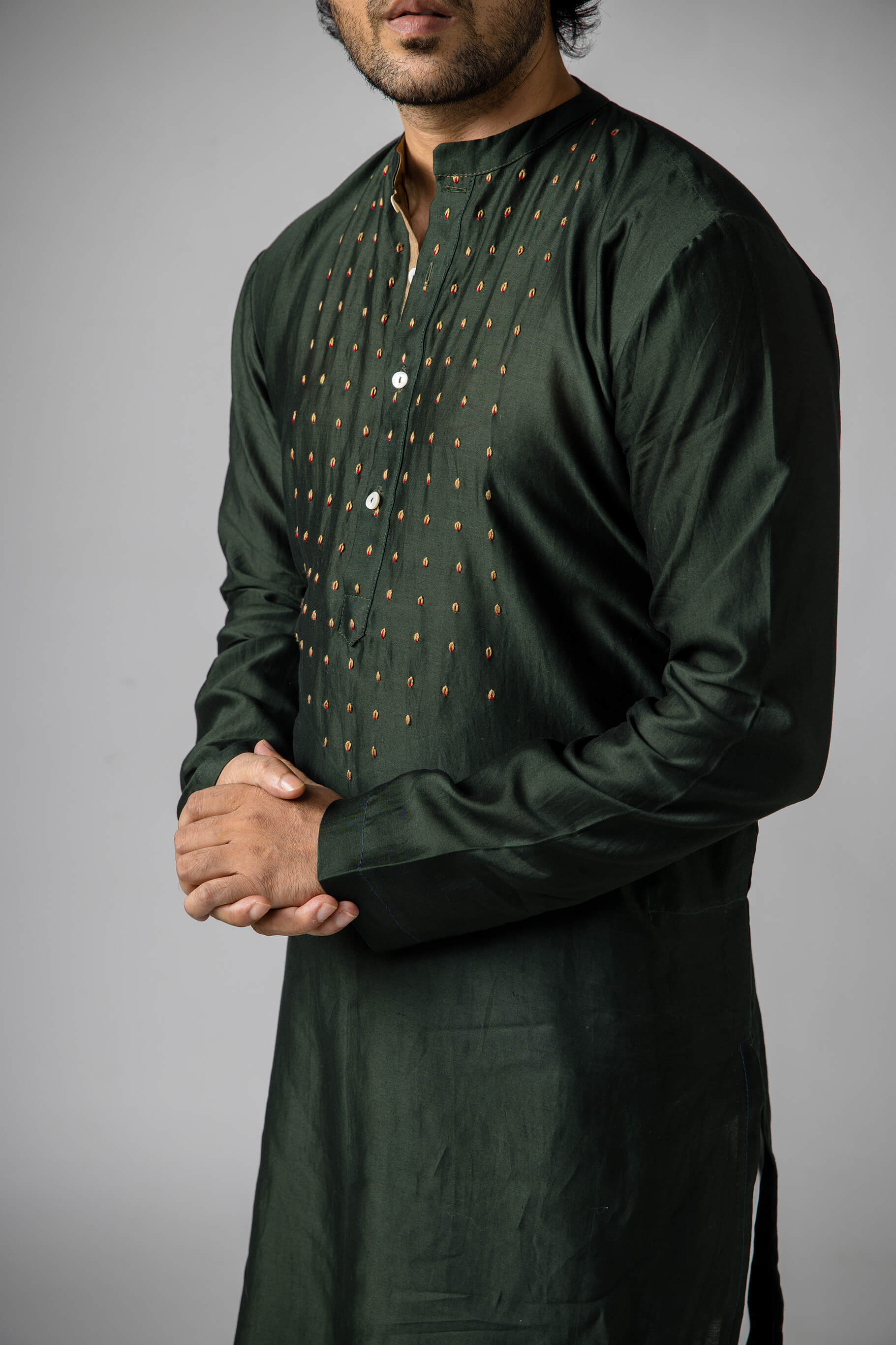 Anantha-Men's Chanderi Dark Green Kurta-bihart