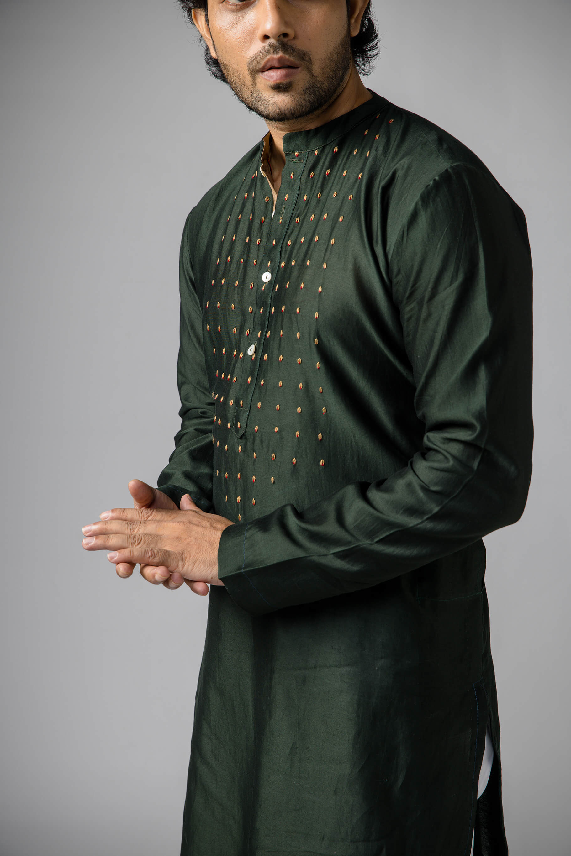 Anantha-Men's Chanderi Dark Green Kurta-bihart