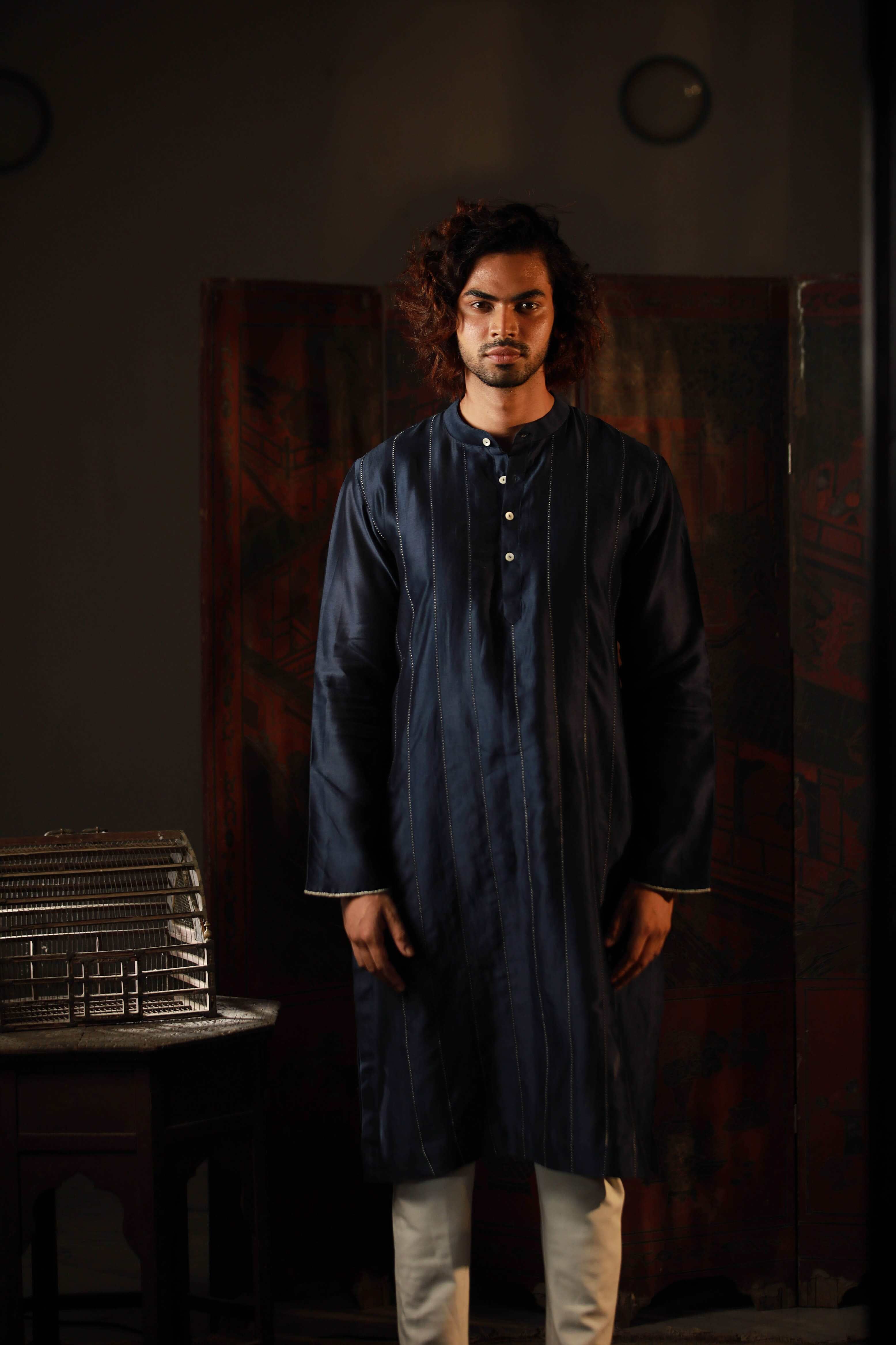Anantha-Royal Blue Chanderi Hand Embroidered Kurta for men-bihart