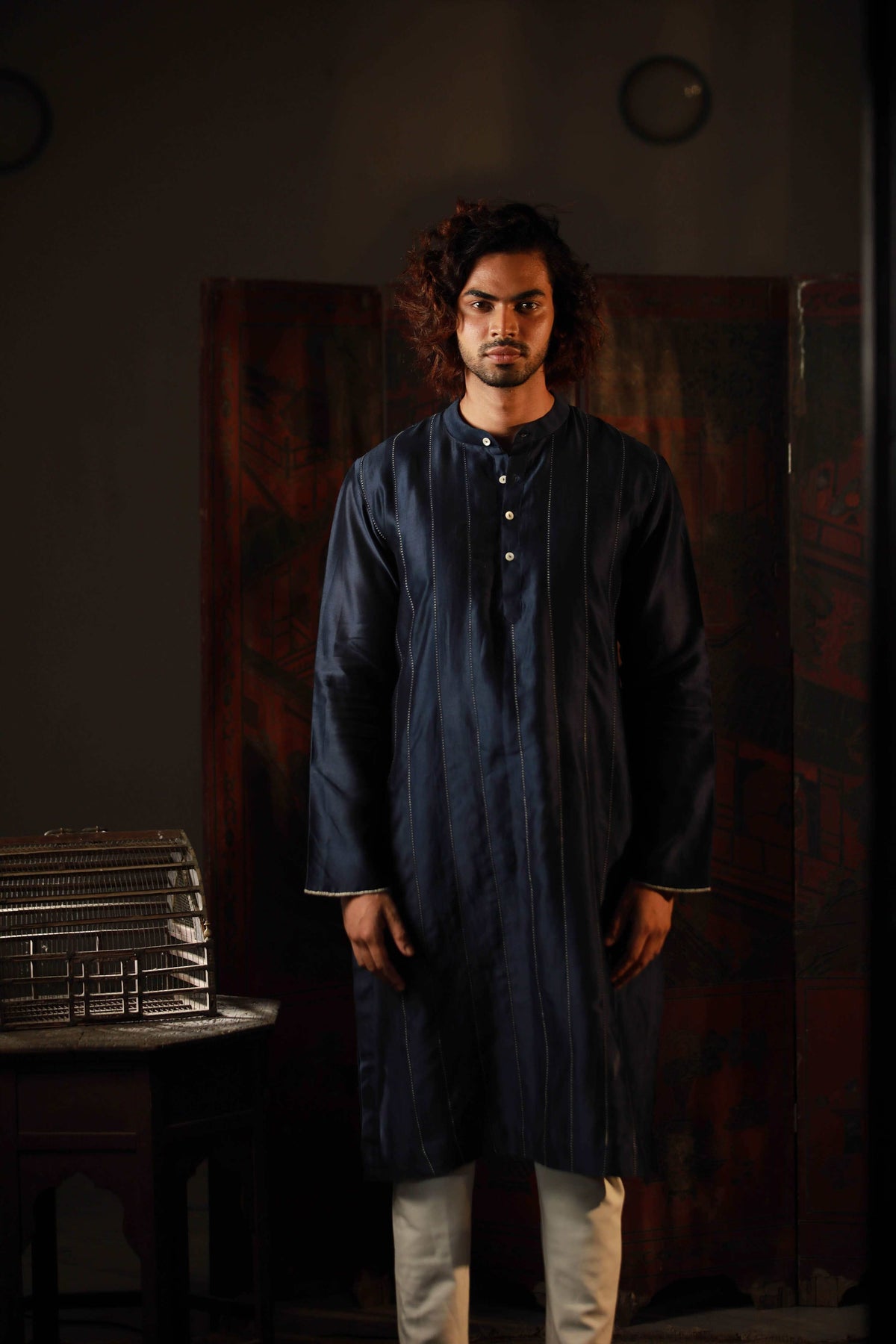 Anantha-Royal Blue Chanderi Hand Embroidered Kurta for men-bihart