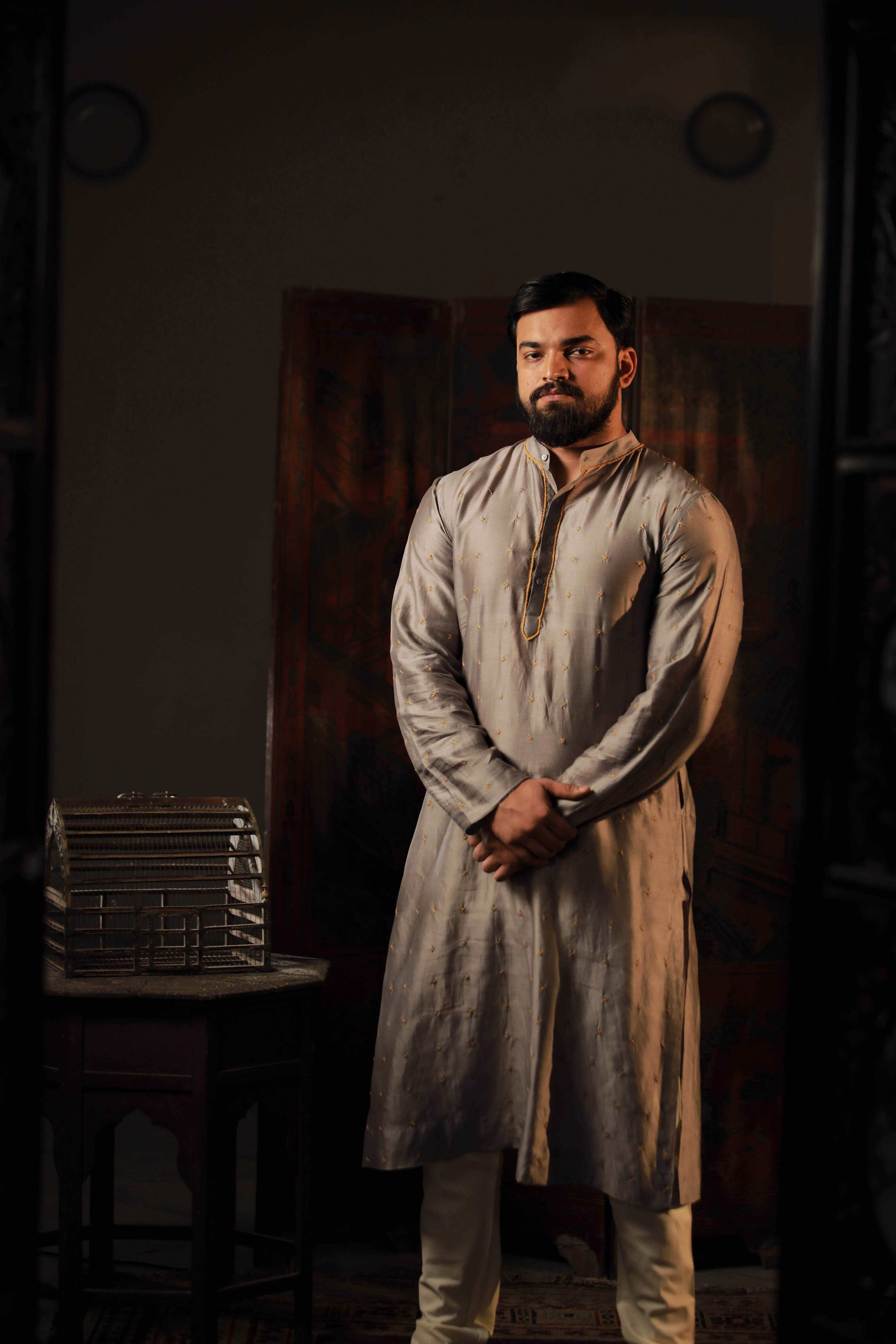 Anantha-Grey Chanderi Hand Embroidered Straight Kurta for men-bihart