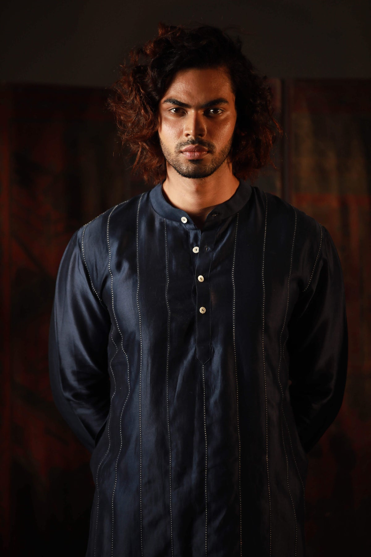 Anantha-Royal Blue Chanderi Hand Embroidered Kurta for men-bihart