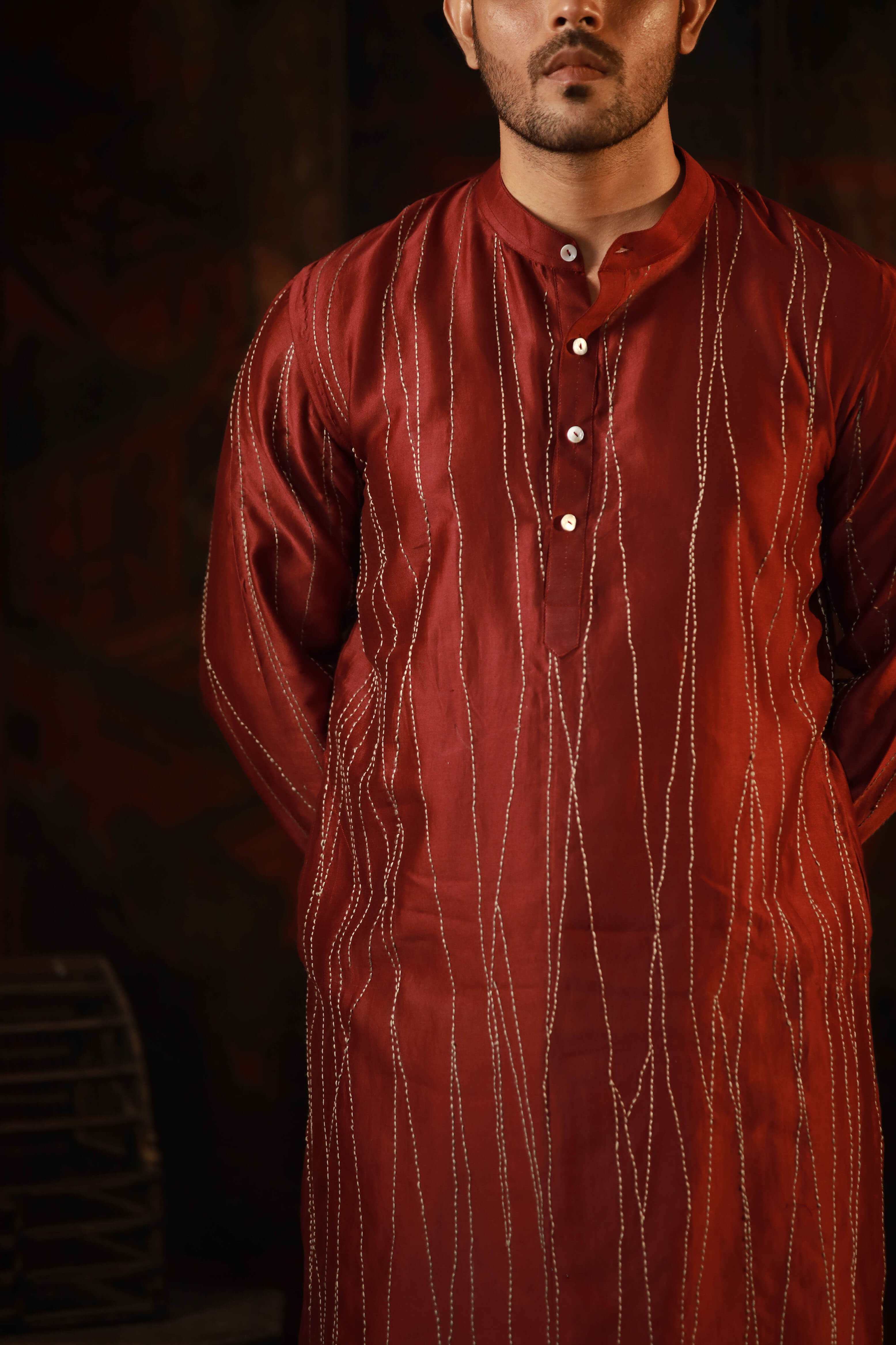 Anantha-Men's Red Chanderi Hand Embroidered Straight Kurta-bihart