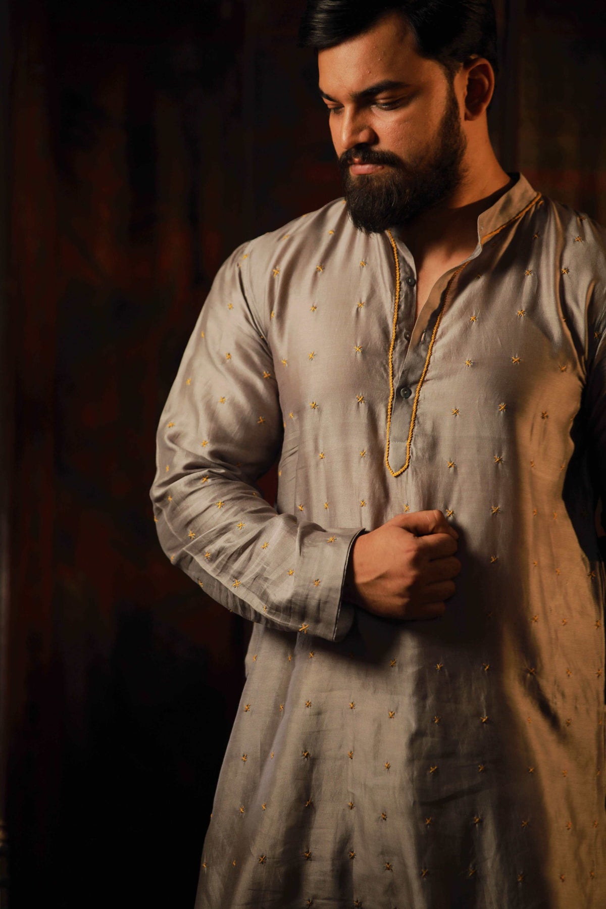 Anantha-Grey Chanderi Hand Embroidered Straight Kurta for men-bihart