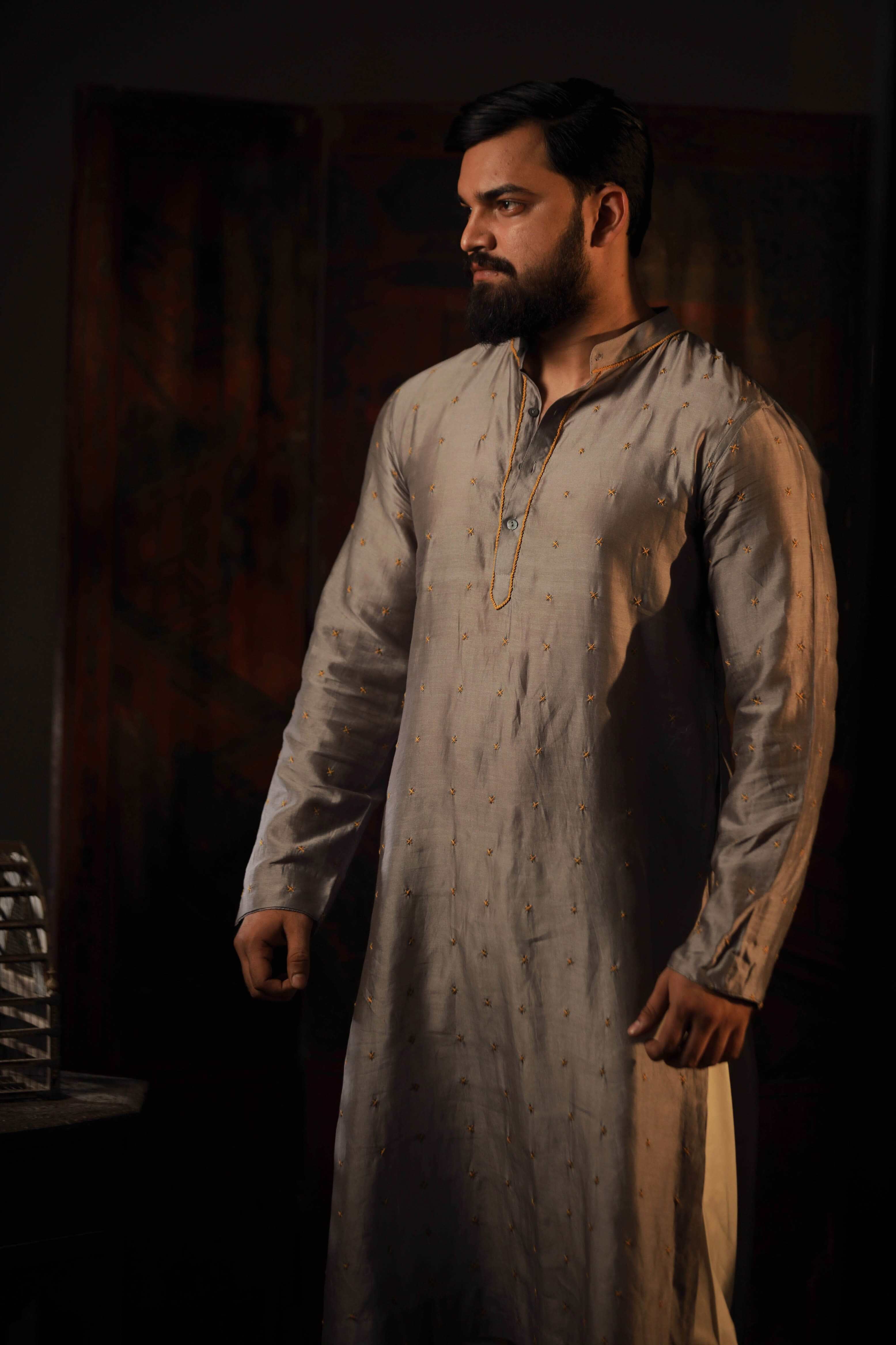 Anantha-Grey Chanderi Hand Embroidered Straight Kurta for men-bihart