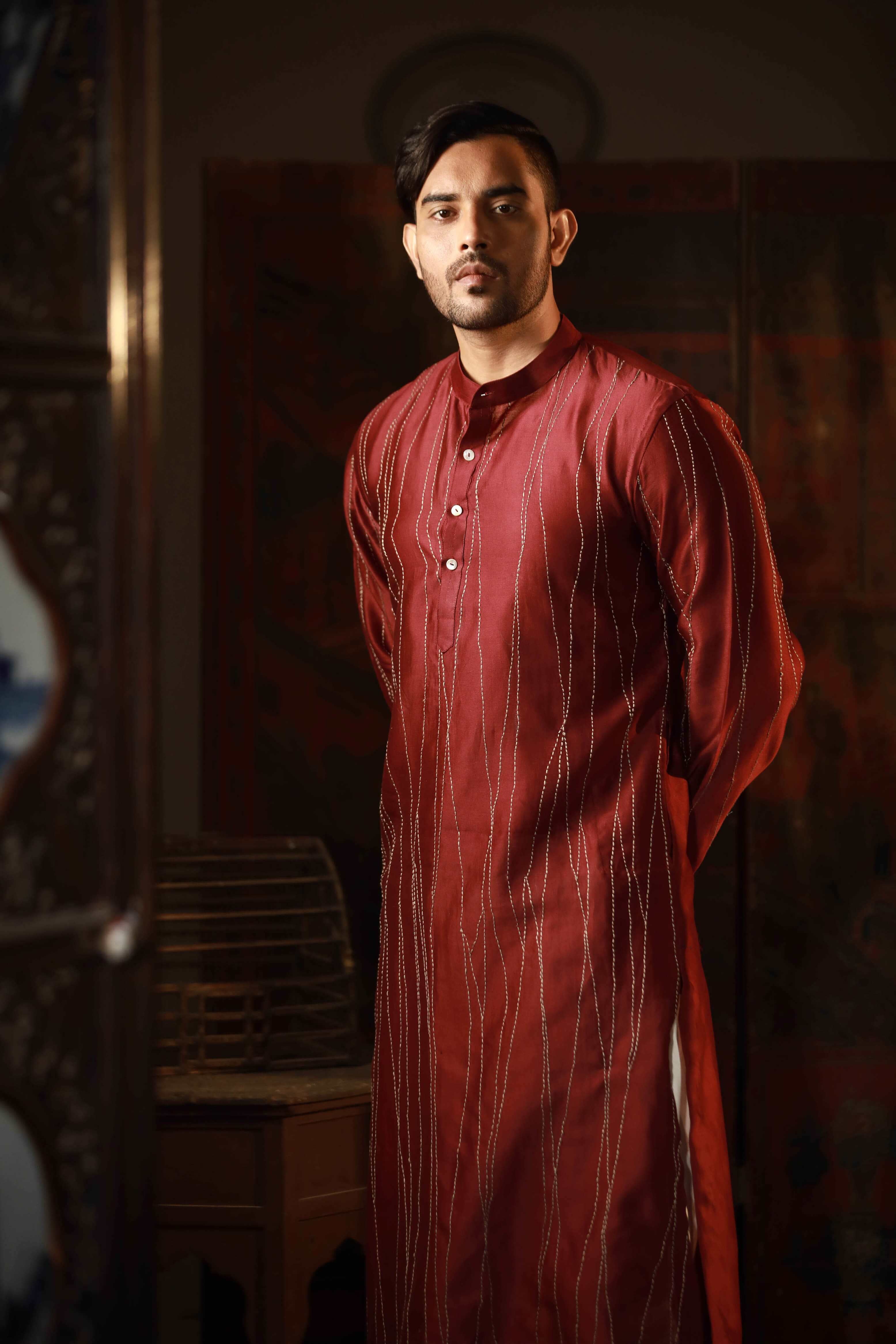 Anantha-Men's Red Chanderi Hand Embroidered Straight Kurta-bihart