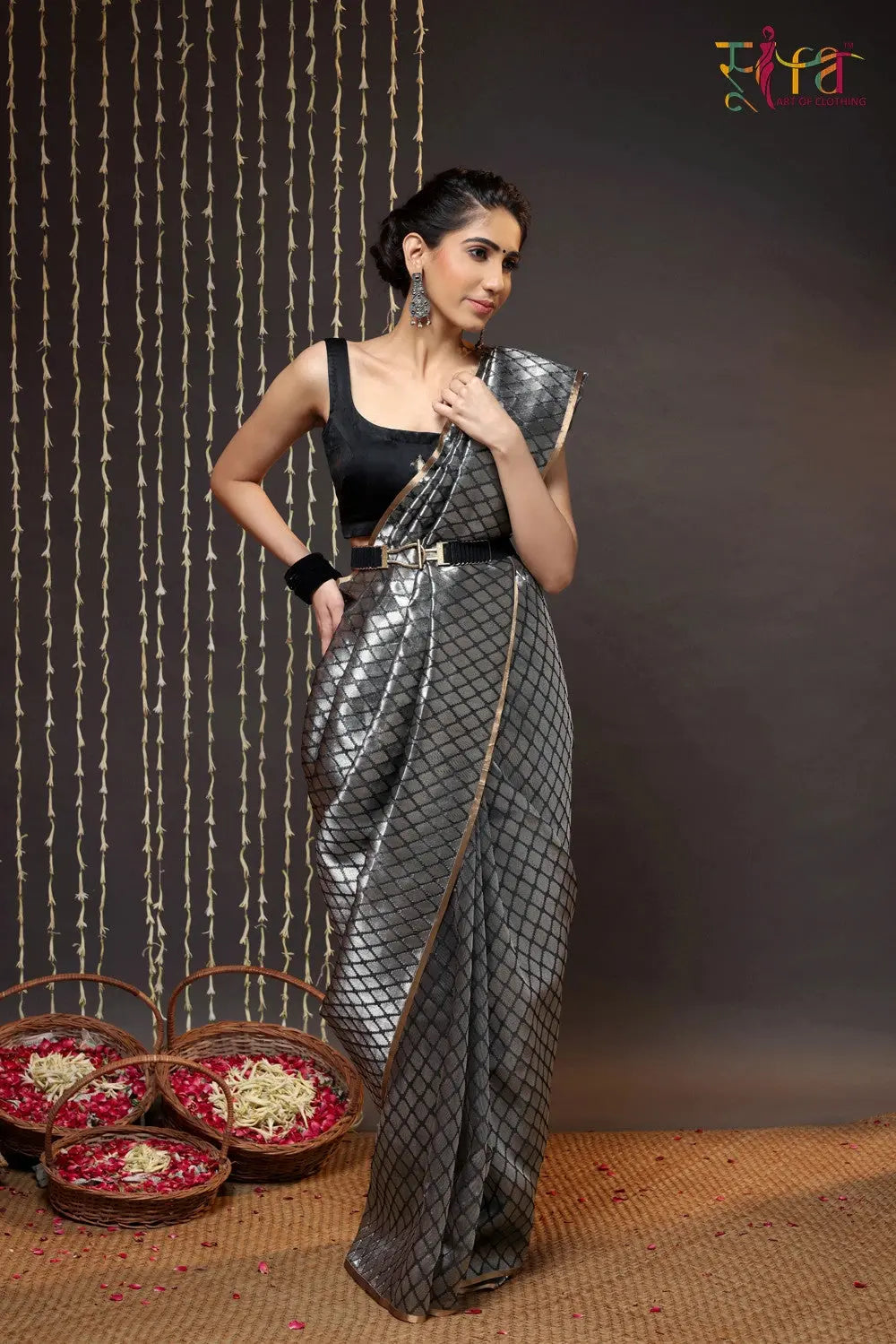 Handloom Silver & Black Chanderi Pure Silk Saree-Sutra Art of Clothing