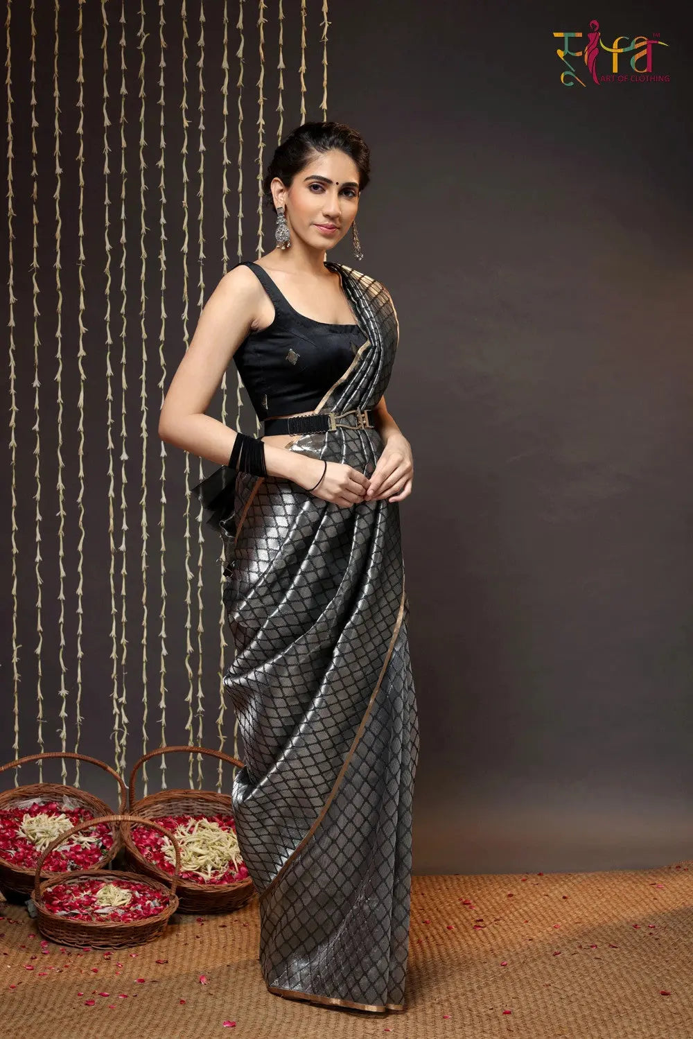 Handloom Silver & Black Chanderi Pure Silk Saree-Sutra Art of Clothing