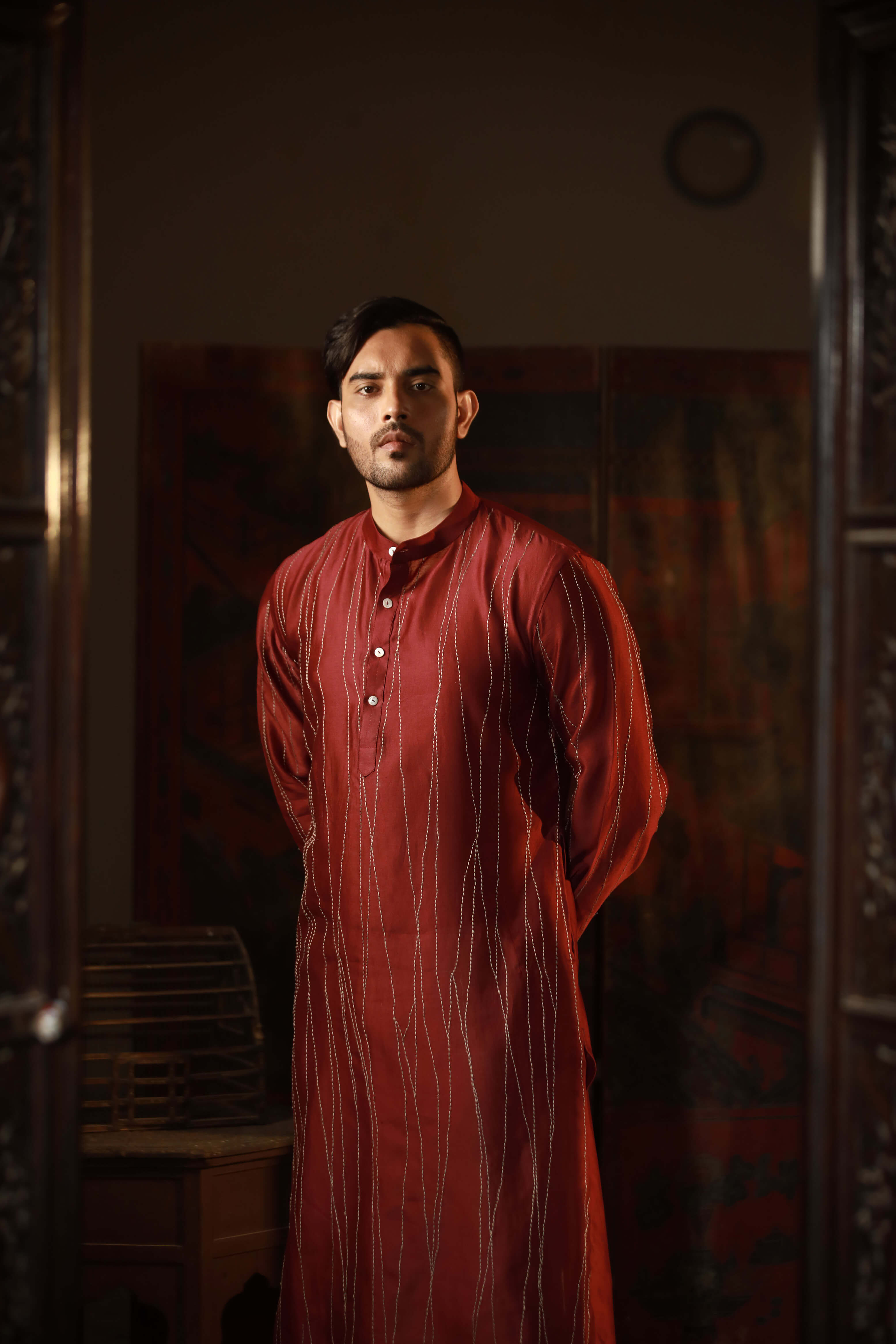 Anantha-Men's Red Chanderi Hand Embroidered Straight Kurta-bihart