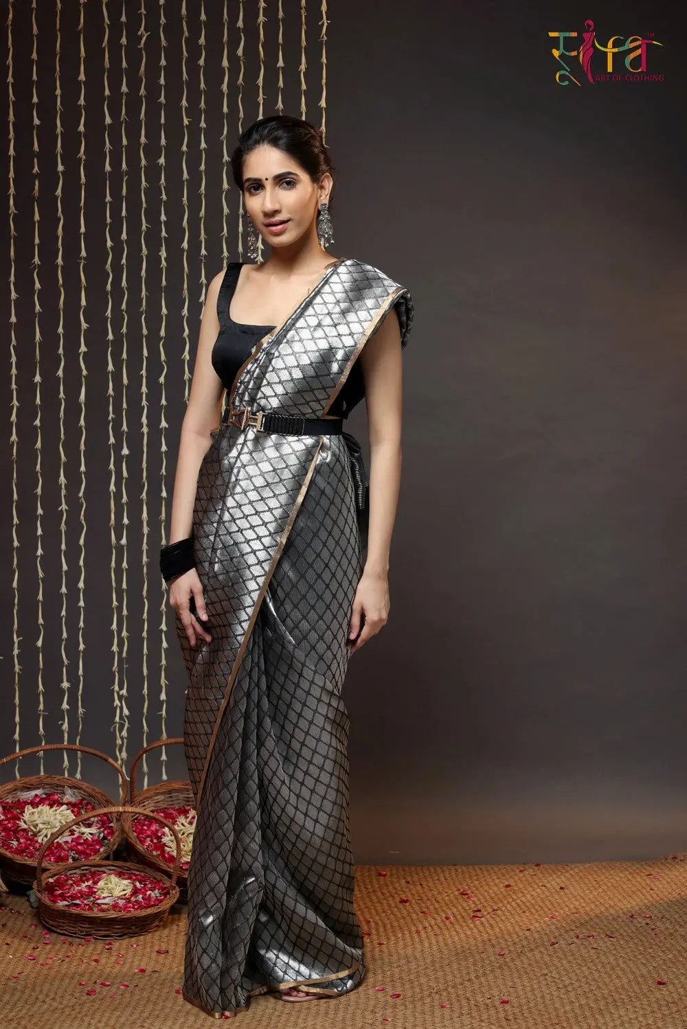 Handloom Silver & Black Chanderi Pure Silk Saree-Sutra Art of Clothing