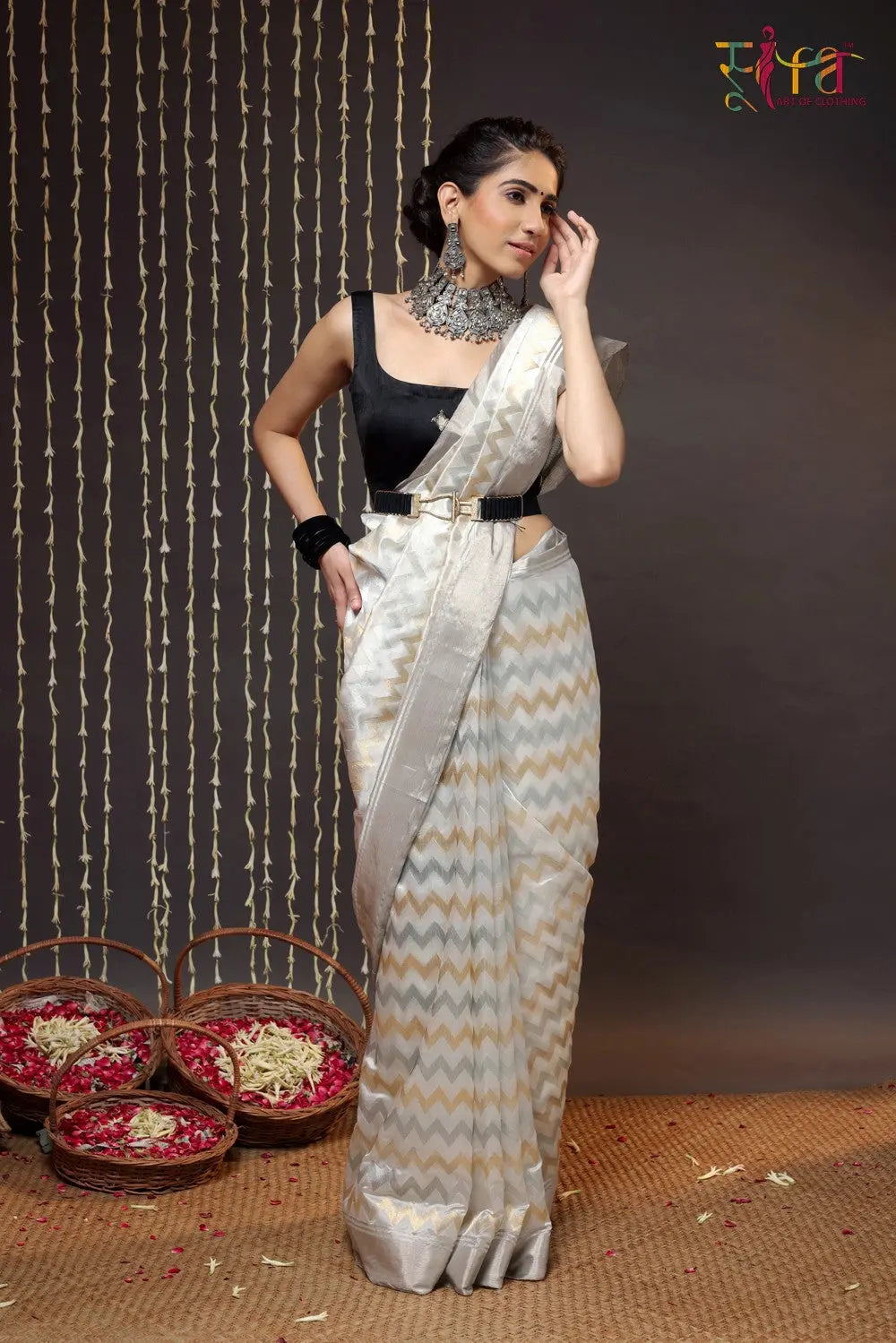 Handloom White Chanderi Pure Silk Saree With Silver Border