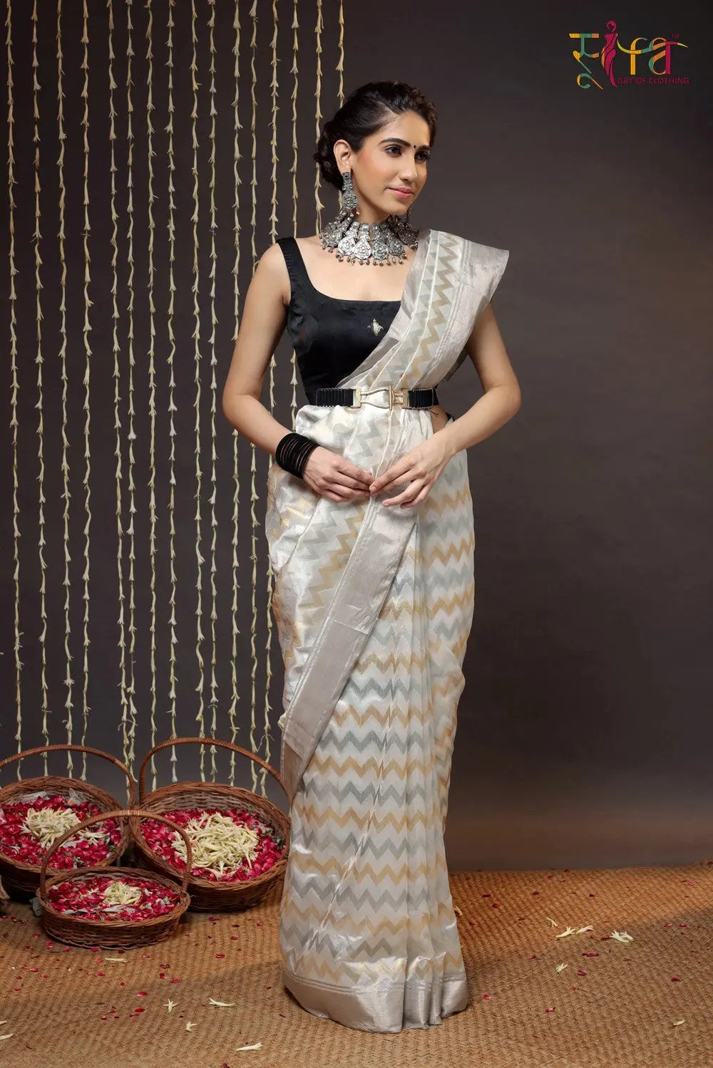 Handloom White Chanderi Pure Silk Saree With Silver Border