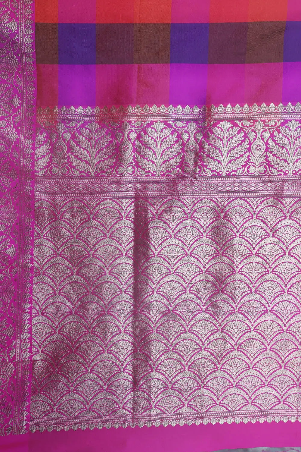 Handloom Pink Multi Colour Box Checks Pure Silk Banarasi Saree
