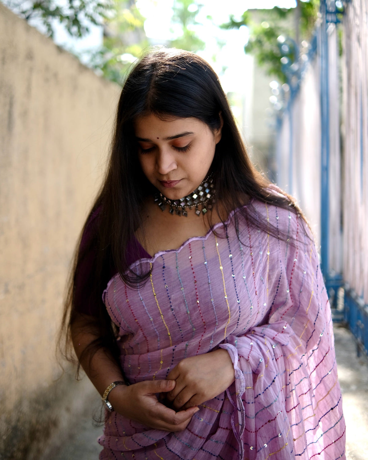 Purple Embroidered Mulmul Cotton Saree for women by Shop AaMe