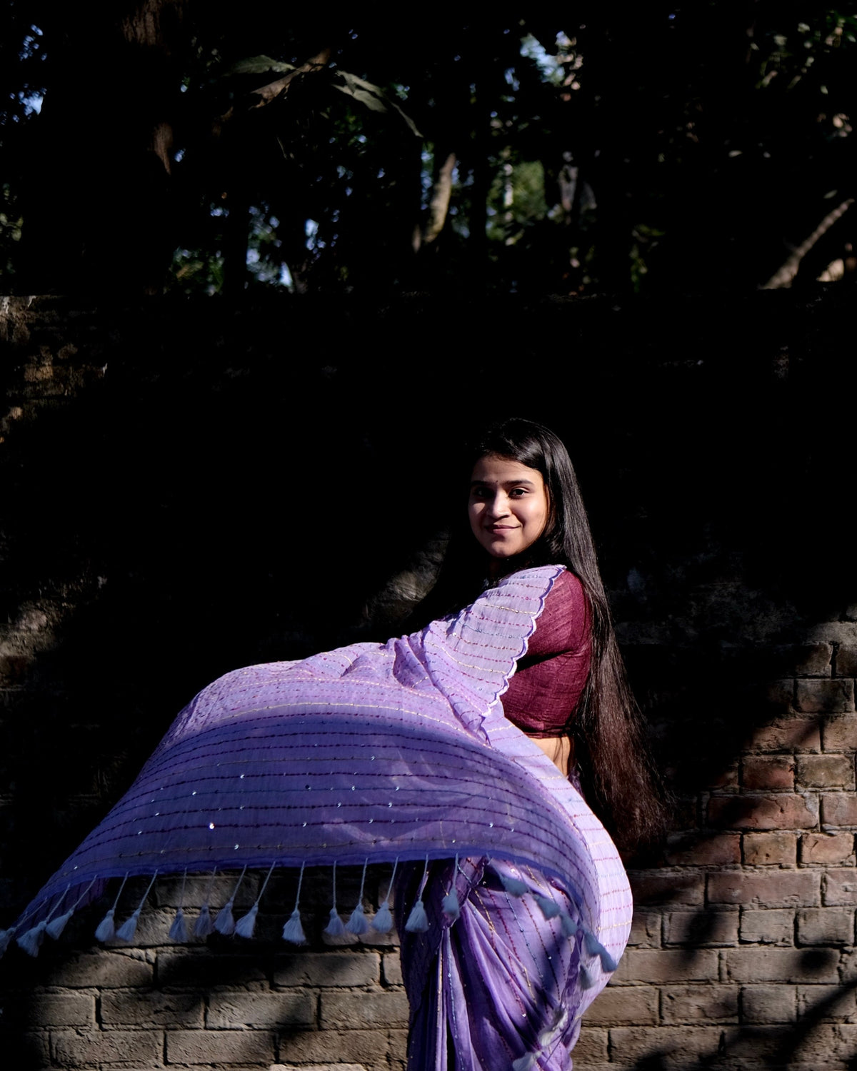 Lightweight violet embroidered mulmul cotton saree, designed for soft comfort and effortless summer elegance.