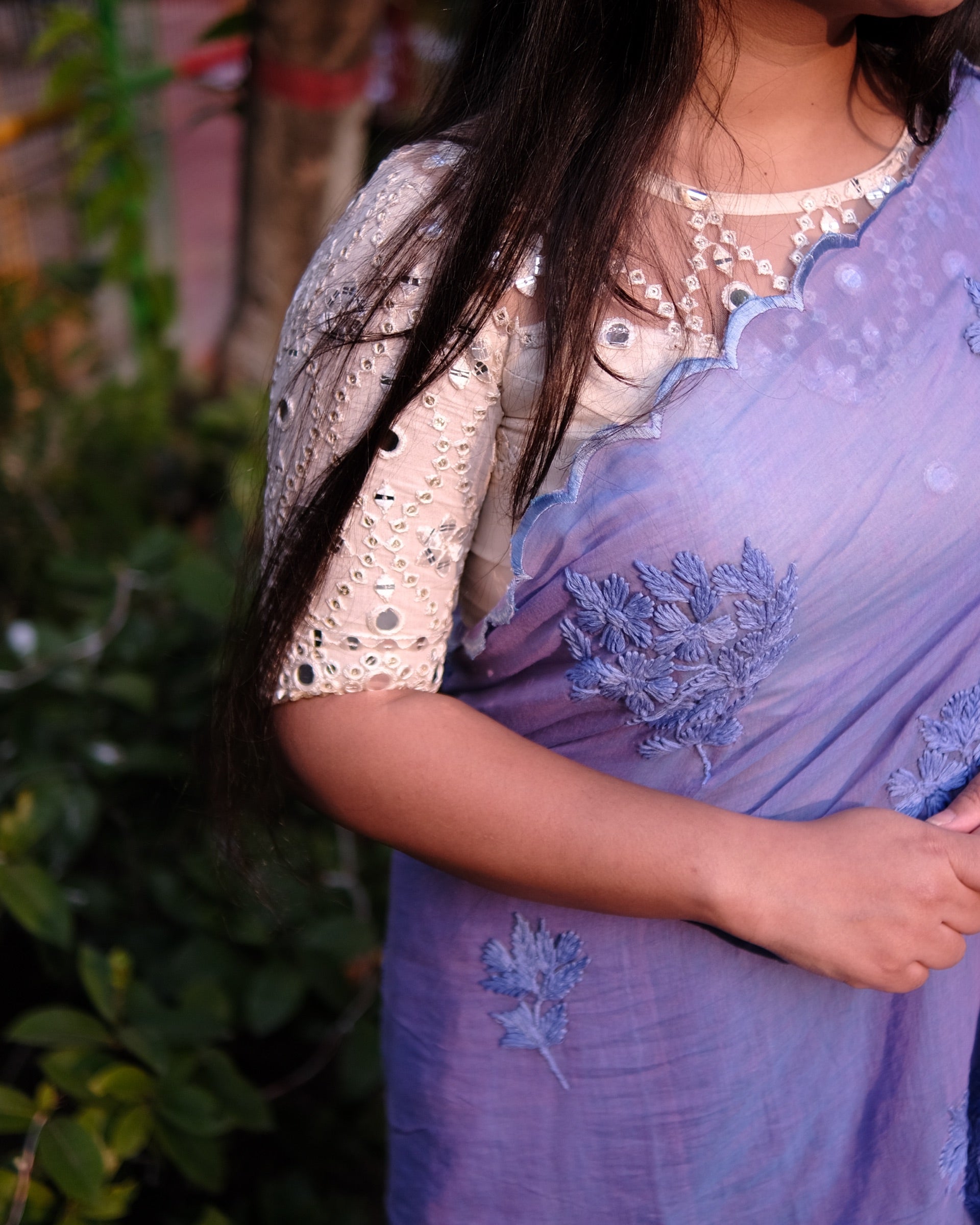 Soft and Comfortable mulmul cotton saree with Chikankari machine work and cutwork border in self tones on dual toned lavender
