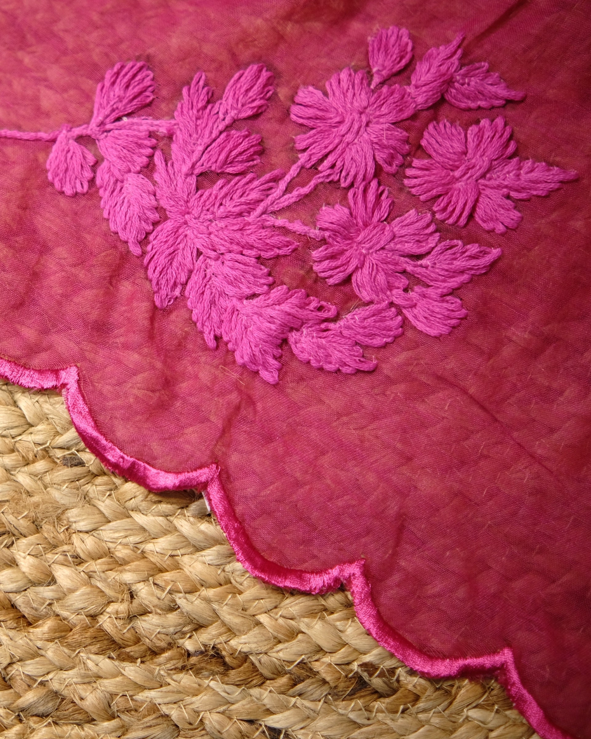Soft and Comfortable mulmul cotton saree with Chikankari machine work and cutwork border in self tones of Rani hot pink