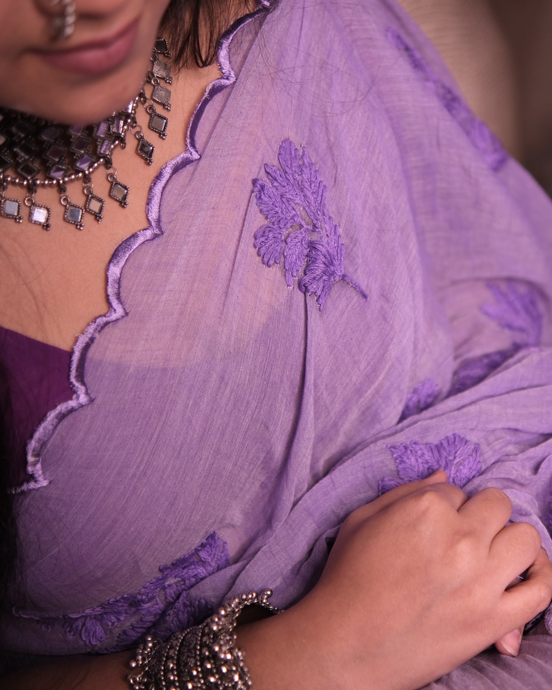 Purple mulmul cotton saree with chikankari embroidery, soft airy elegance for summer styling and everyday grace.