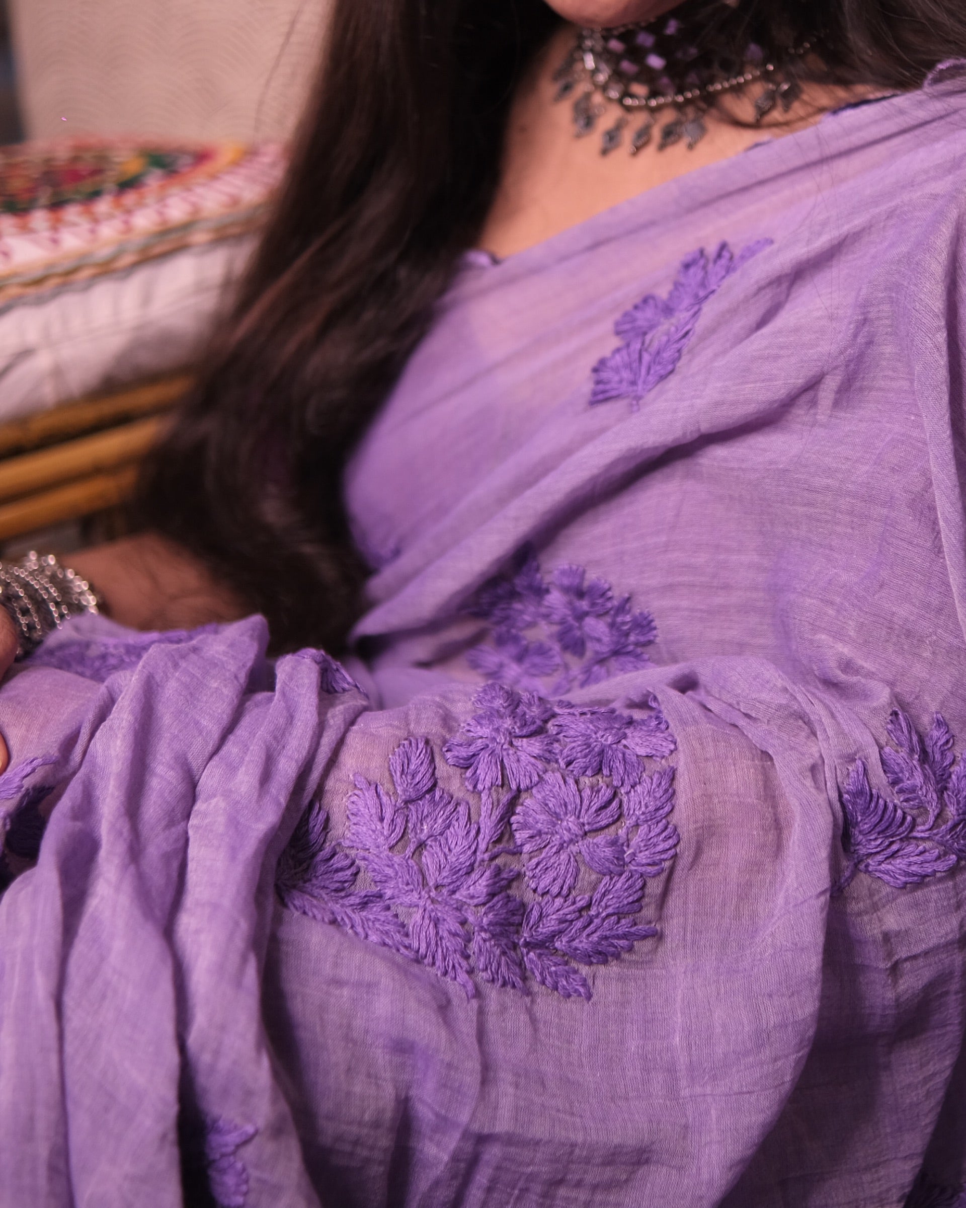 Banafsha purple saree in mulmul cotton, handcrafted chikankari elegance for minimal and graceful styling.